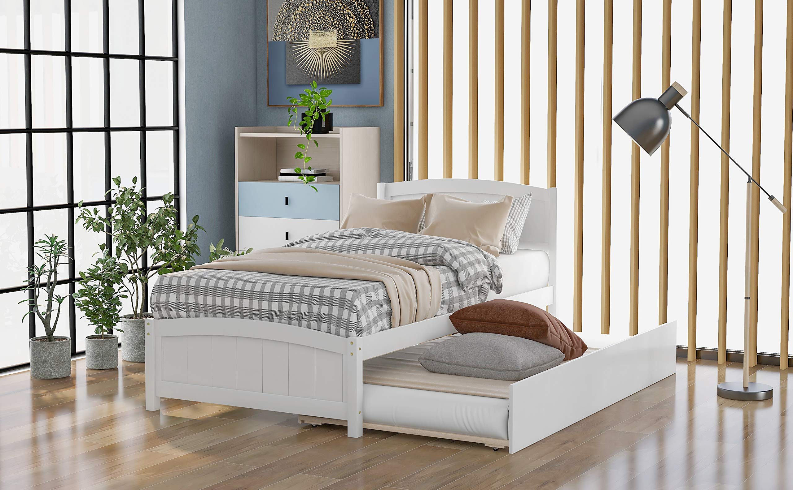 Twin Platform Bed Frame with Trundle, White Solid Wood, 79.5 x 41.7 x 37.5 inches