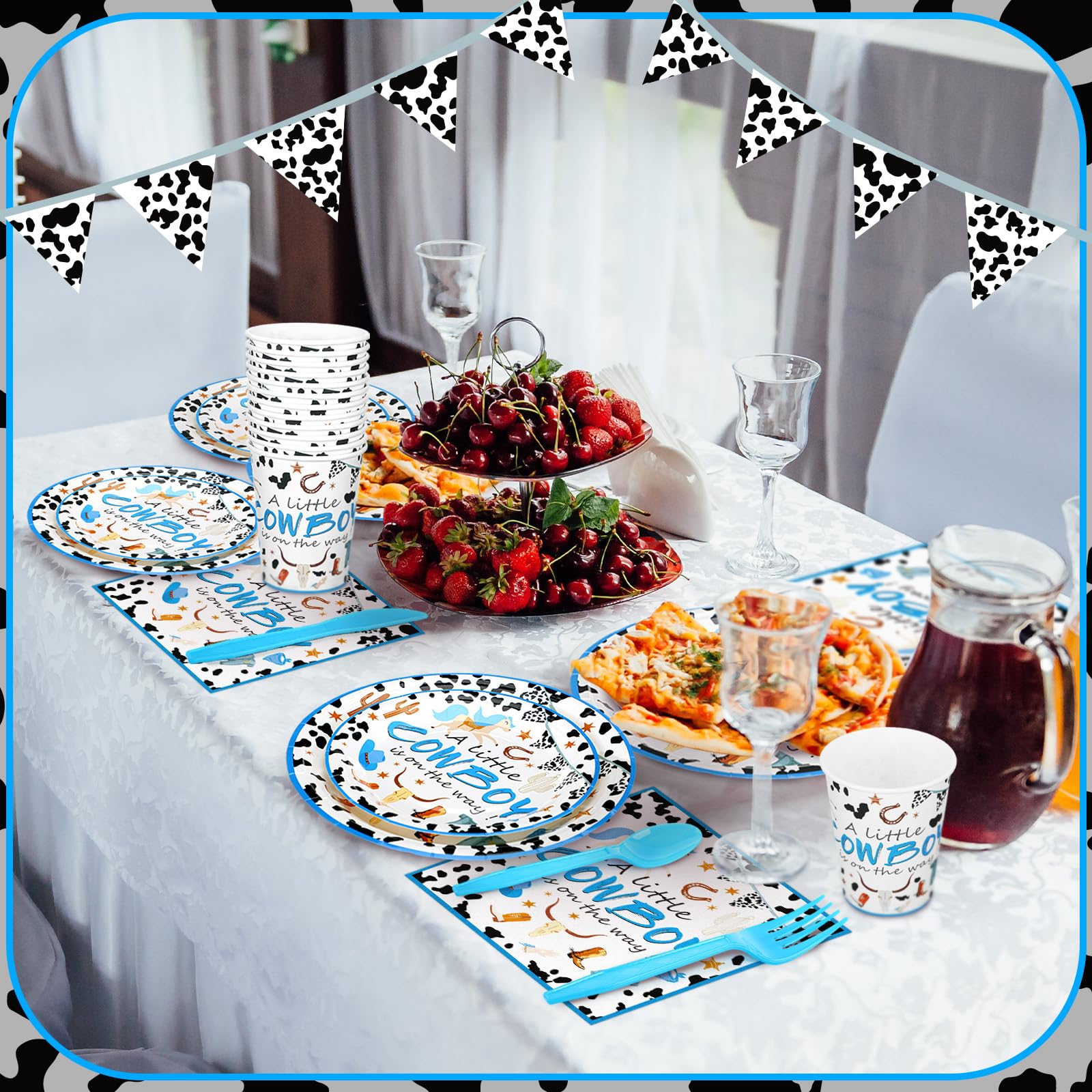 350 Pcs Cowboy Baby Shower Plates and Napkins Party Supplies Wild West a Little Cowboy Is on the Way Theme Tableware Set Western Cow Country Party Dessert Plates Napkins Forks for 50 Guest Baby Shower