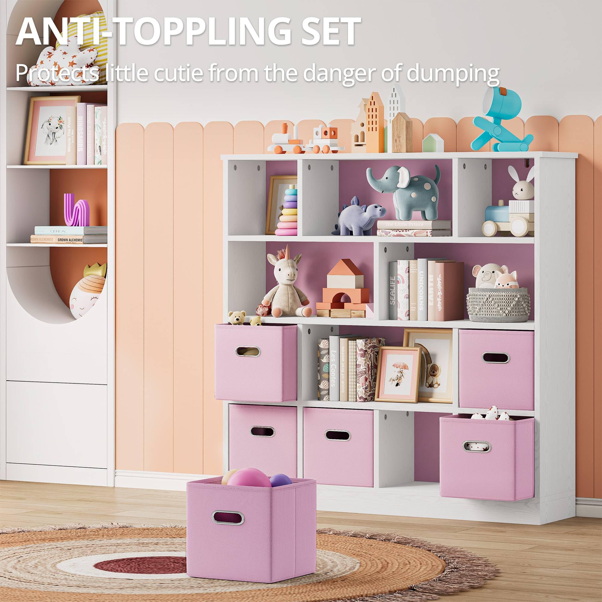 Wooden 12-Cube Storage Organizer Shelf with 6 Bins, 3-Tier Open Bookcase