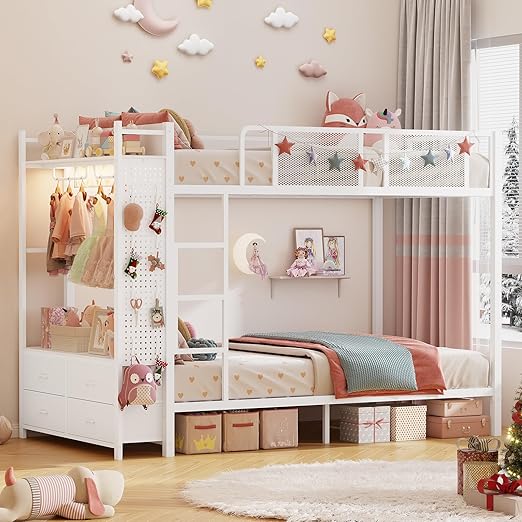 Metal Bunk Bed Twin Over Twin with Hall Tree, Power Outlet