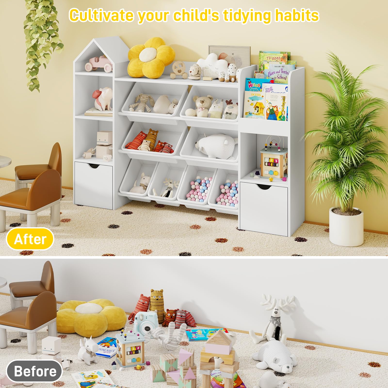 Kids Toy Storage Organizer with Bookshelf and Removable Bins