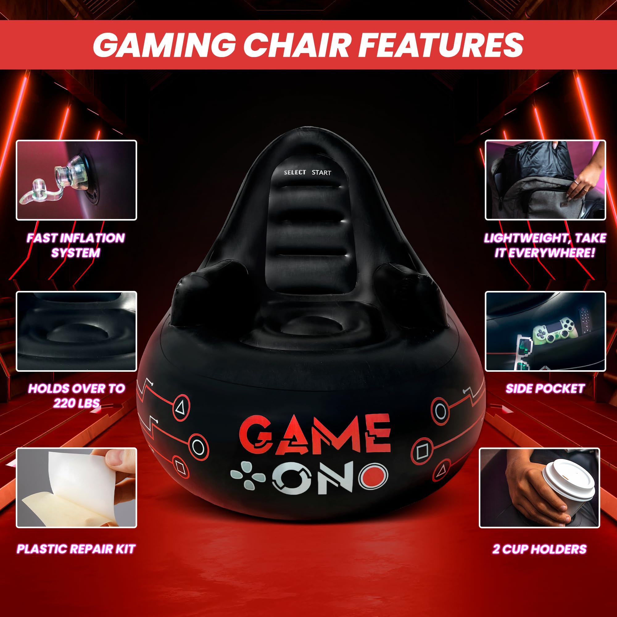 Inflatable Gaming Chair with Cup Holder and Side Pocket
