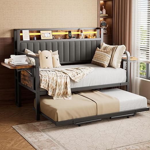 Trundle and LED Light, Heavy Duty Metal Twin Bed Frame