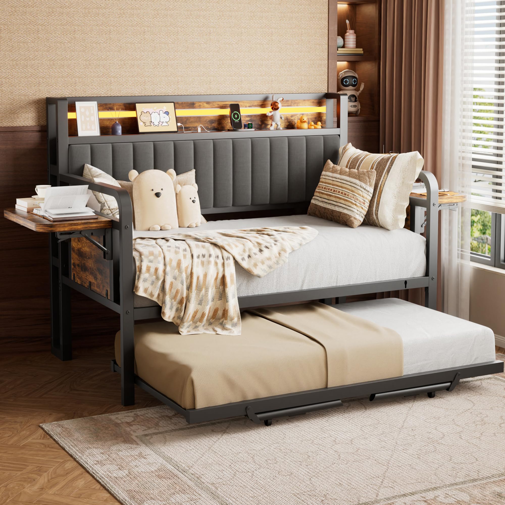 Twin Daybed with Pop-Up Trundle and LED Lighting