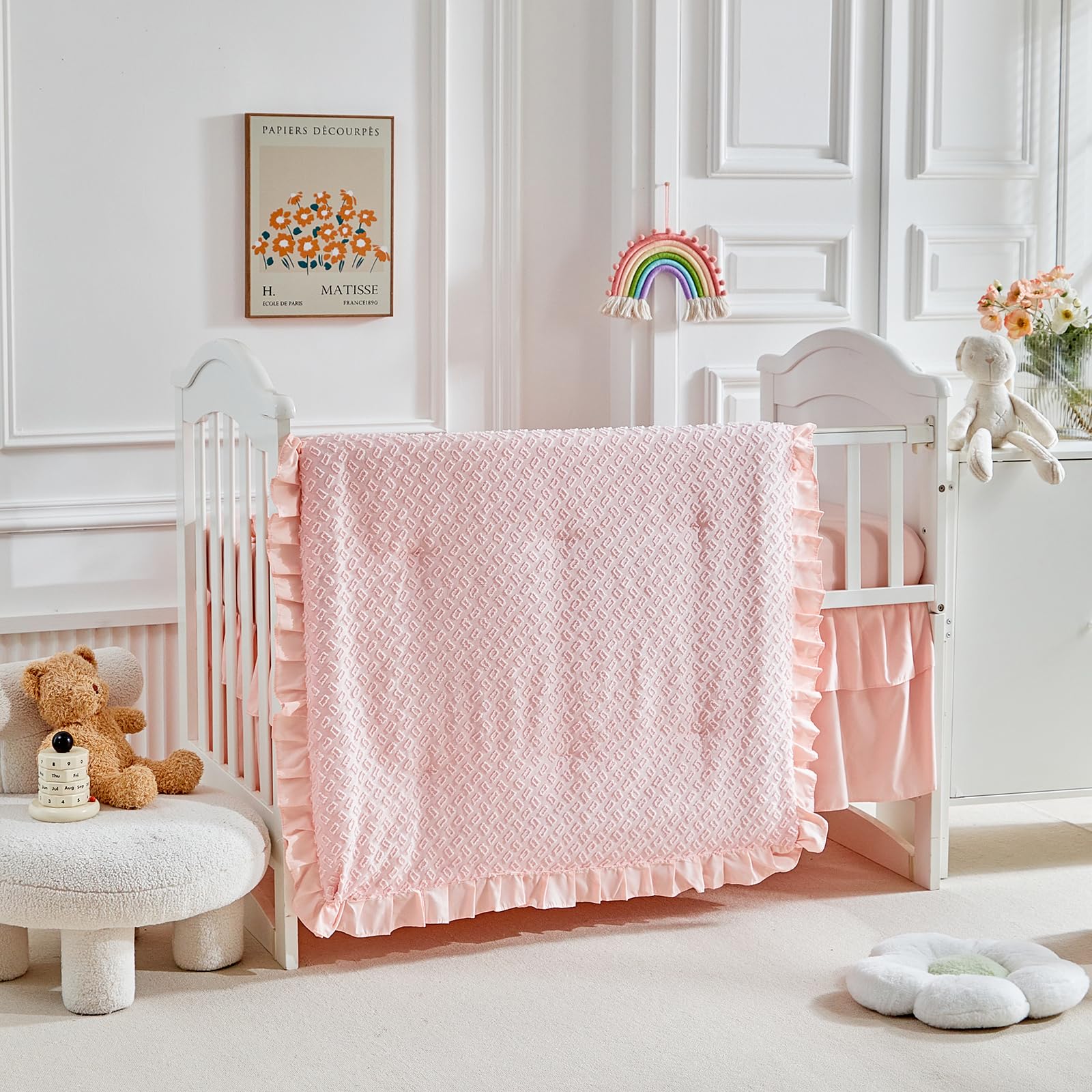 3 Pieces Tufted Crib Bedding Set with Ruffle Fringe, Pink Ruffled Comforter with Fitted Sheet and Bed Skirt, Soft and Embroidery Shabby Chic Boho Bohemian Jacquard Design for Baby Girls Boys