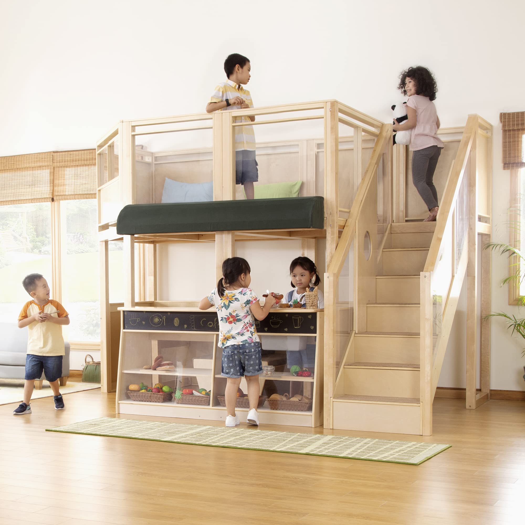 Wooden Indoor Play Kitchen Loft with Climber