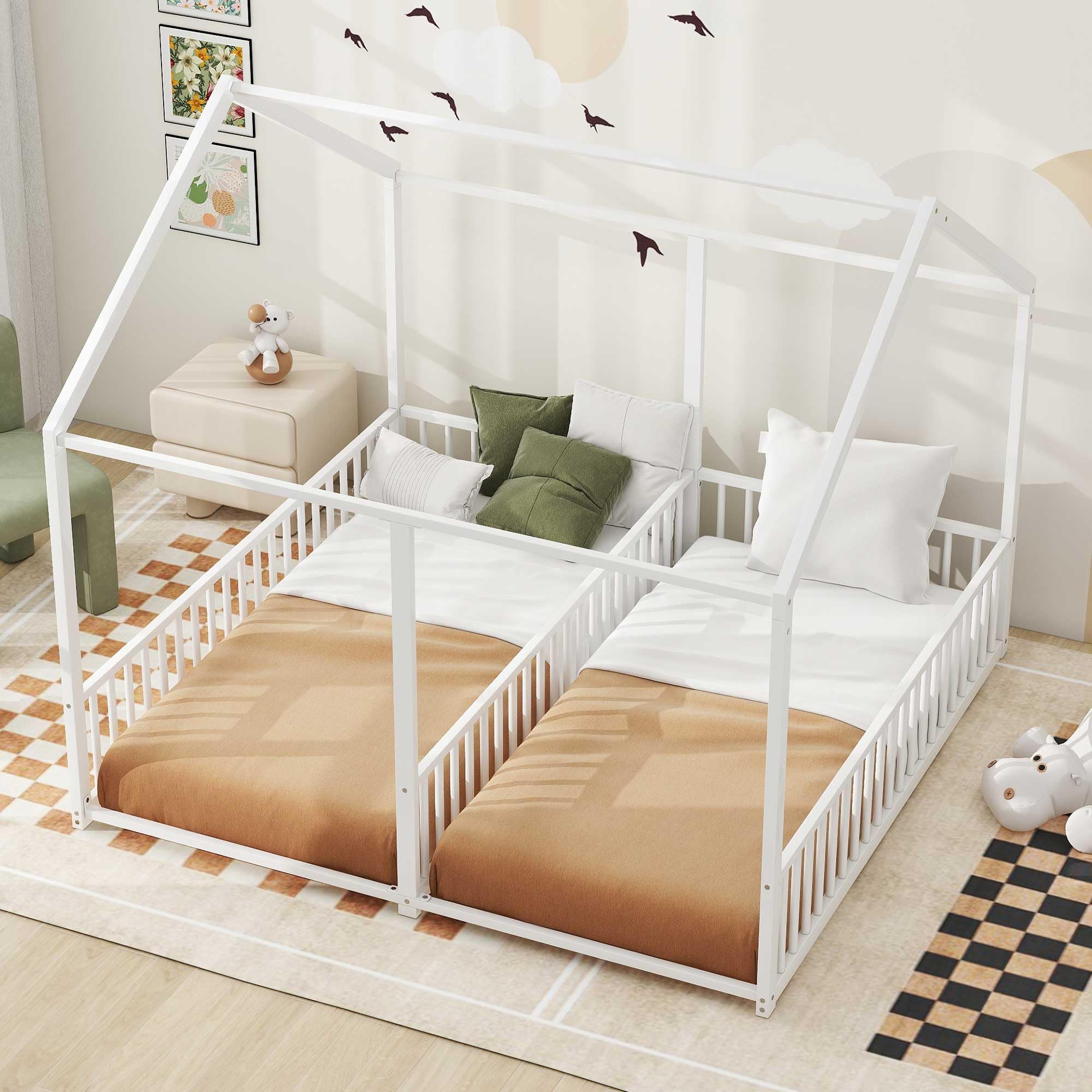 Double Floor Bed for Twins,Twin Size House Bed for 2 Kids,Two Shared Beds,Twin House Platform Beds,Metal Floor Bed Frame with Rails for Girls,Boys(White)