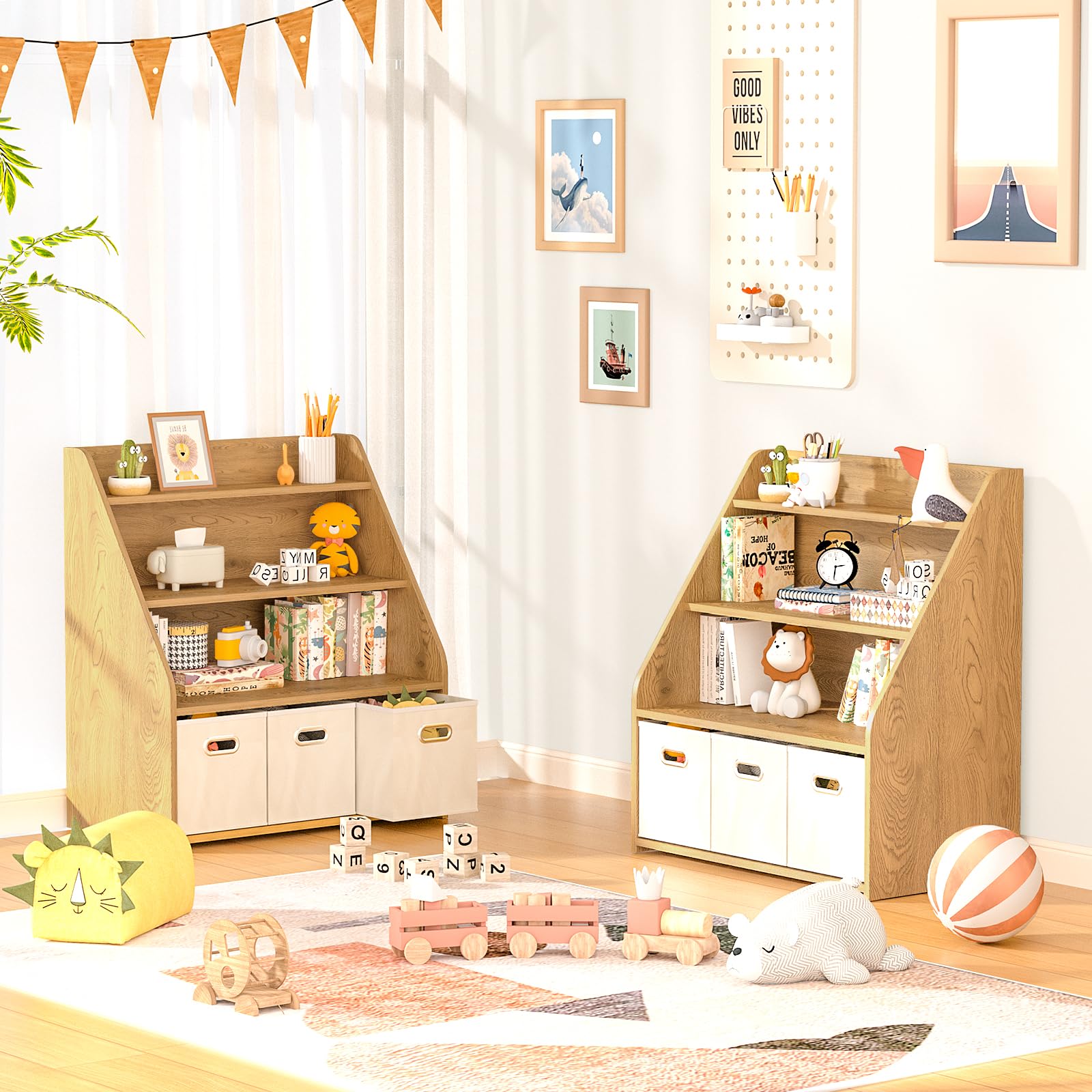 Kids Bookshelf and Toy Organizer, Wooden Kids Bookcase
