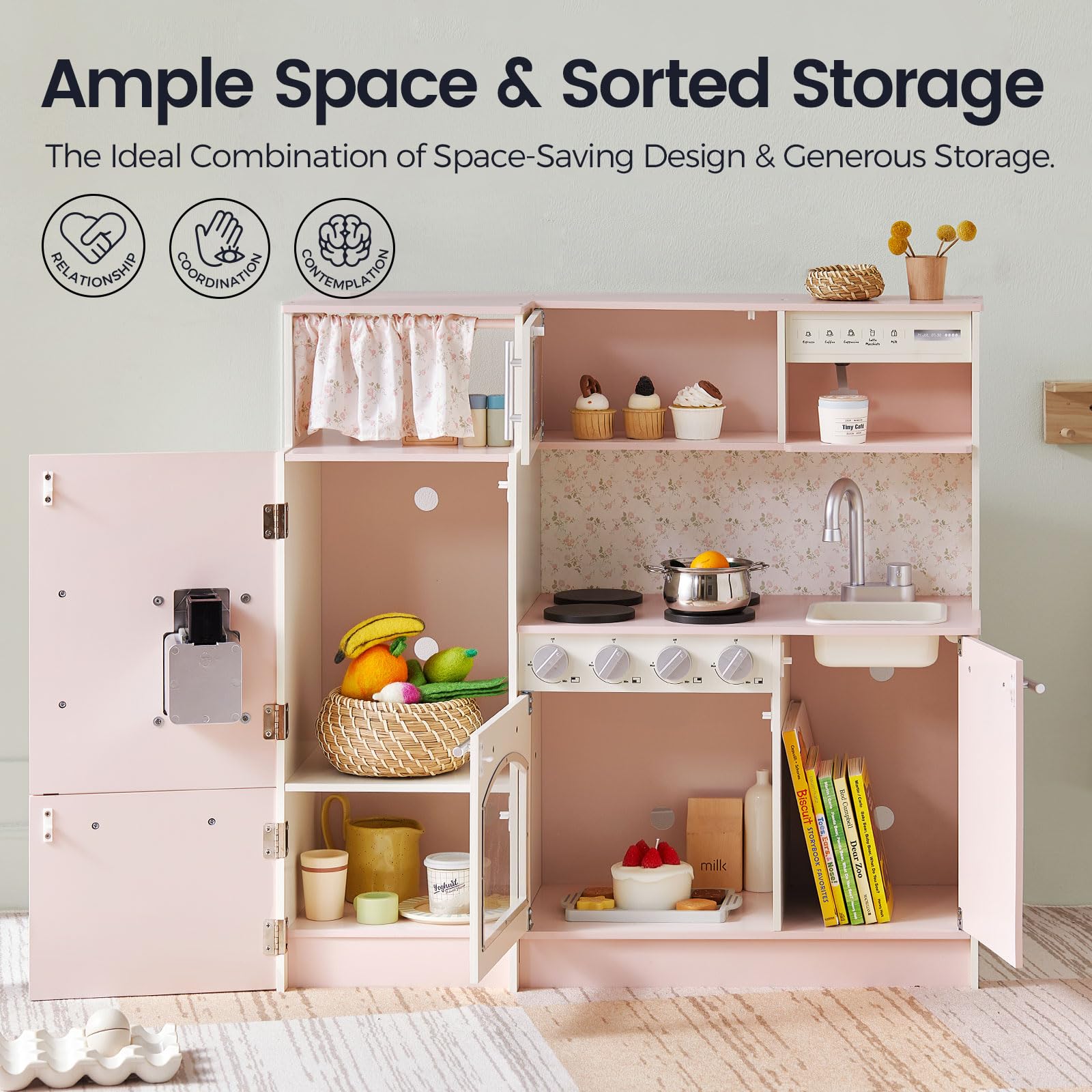 Wooden Play Kitchen Set with Complete Play Areas for Kids Ages 3+