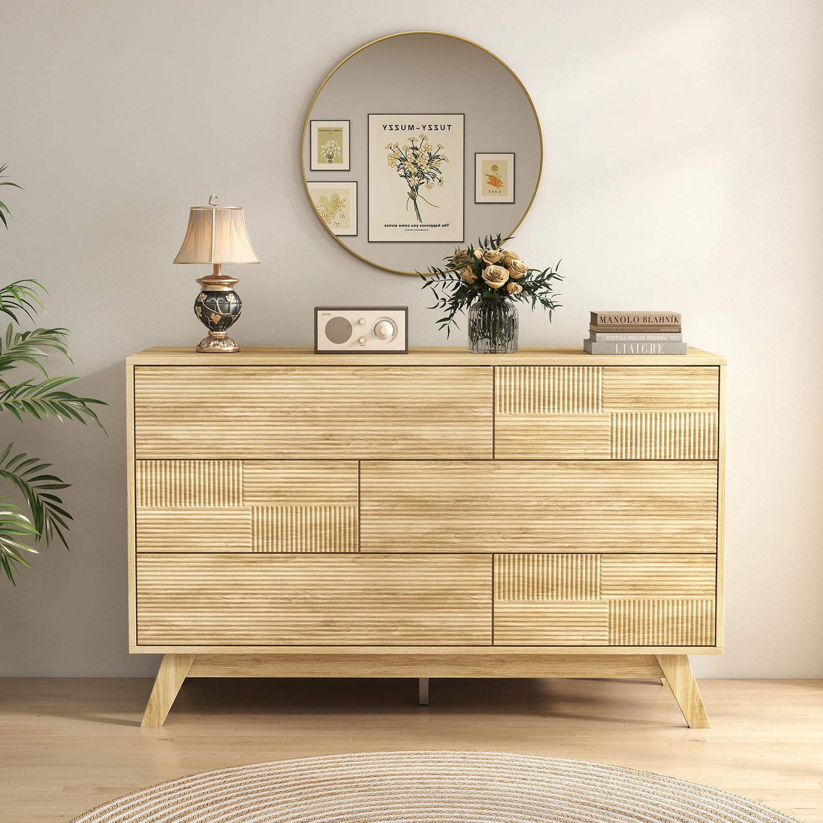 Fluted 6-Drawer Dresser for Bedroom 47 Inch Wide Handleless Chest
