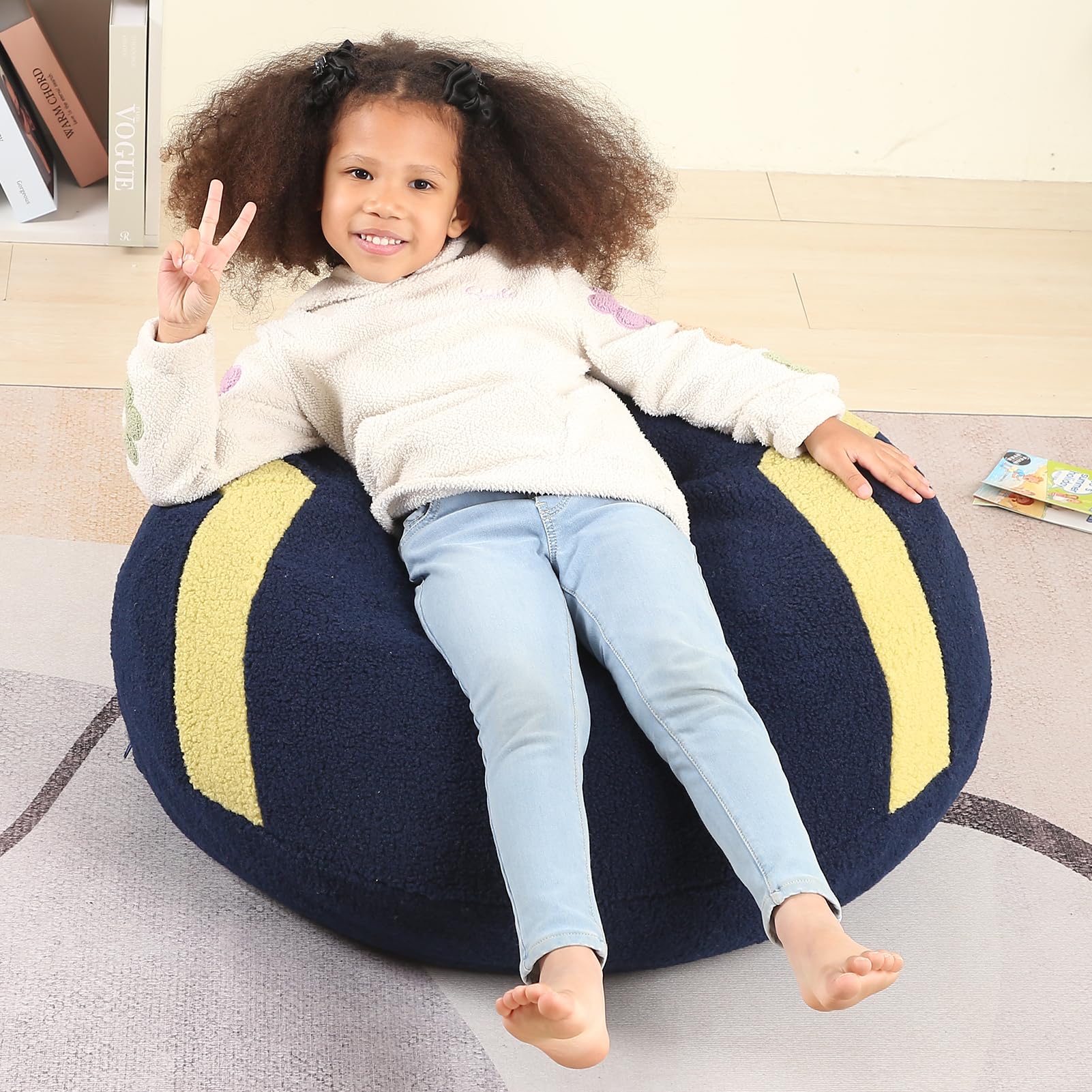 Football Bean Bag Chair for Kids, Cuddly Sherpa, 2.5 feet, Dark Blue