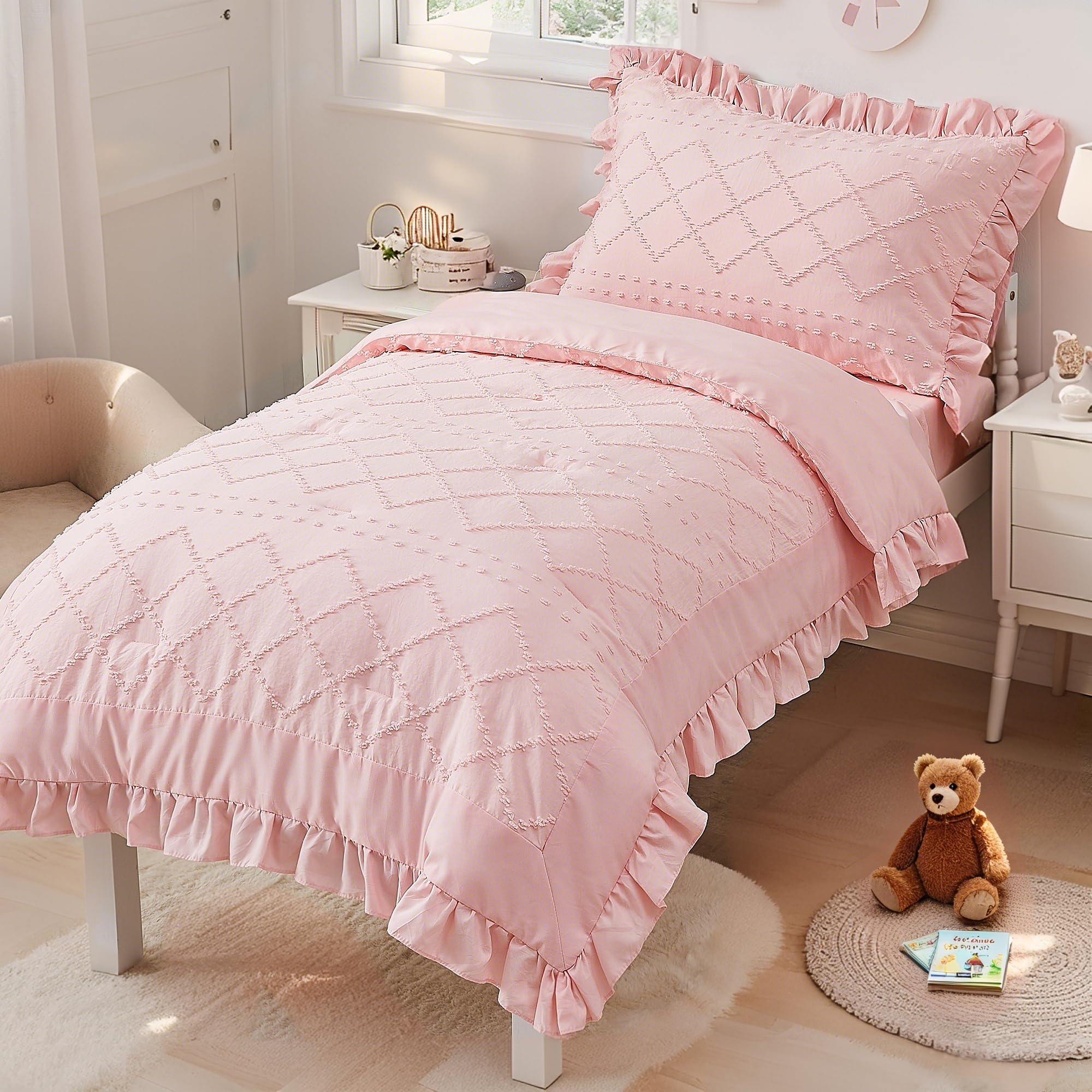 Boho Tufted Toddler Bedding Set with Ruffle Crib Sheets