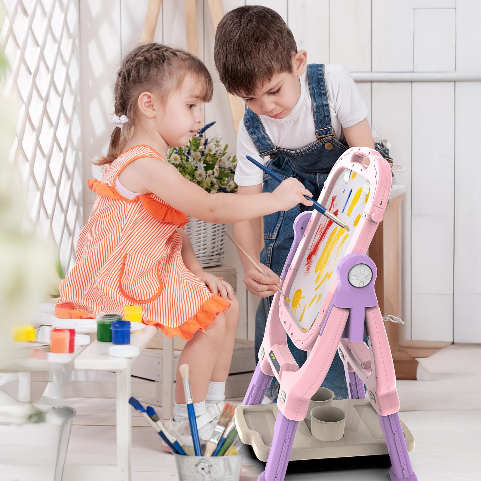 PUPPSITTY Easel for Kids, Adjustable Standing Rotatable Double Sided Toddlers Art Easel with Painting Accessories, Drawing Board Gift for Boys and Girls, Pink