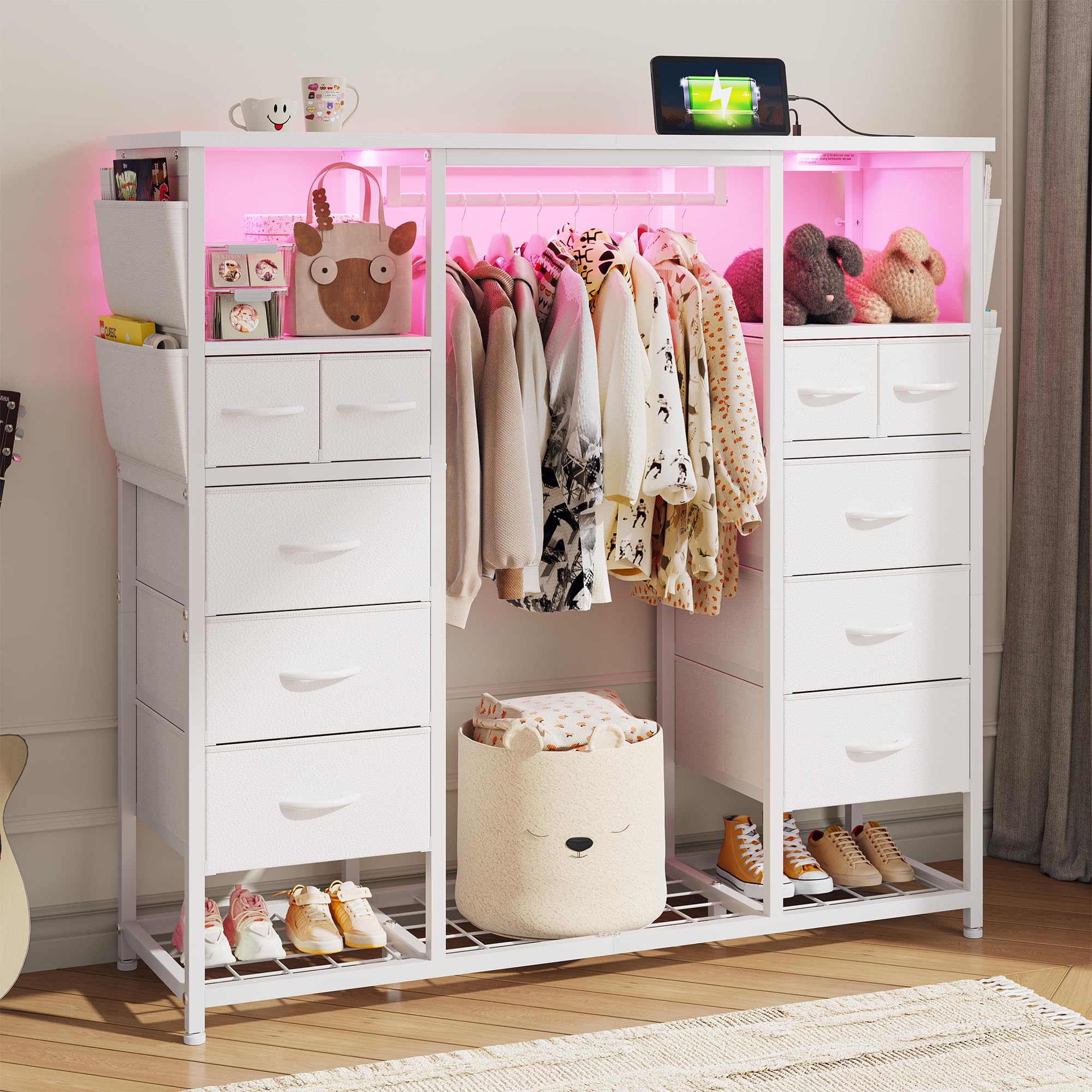 Tall Dresser with LED Lights and Charging Station
