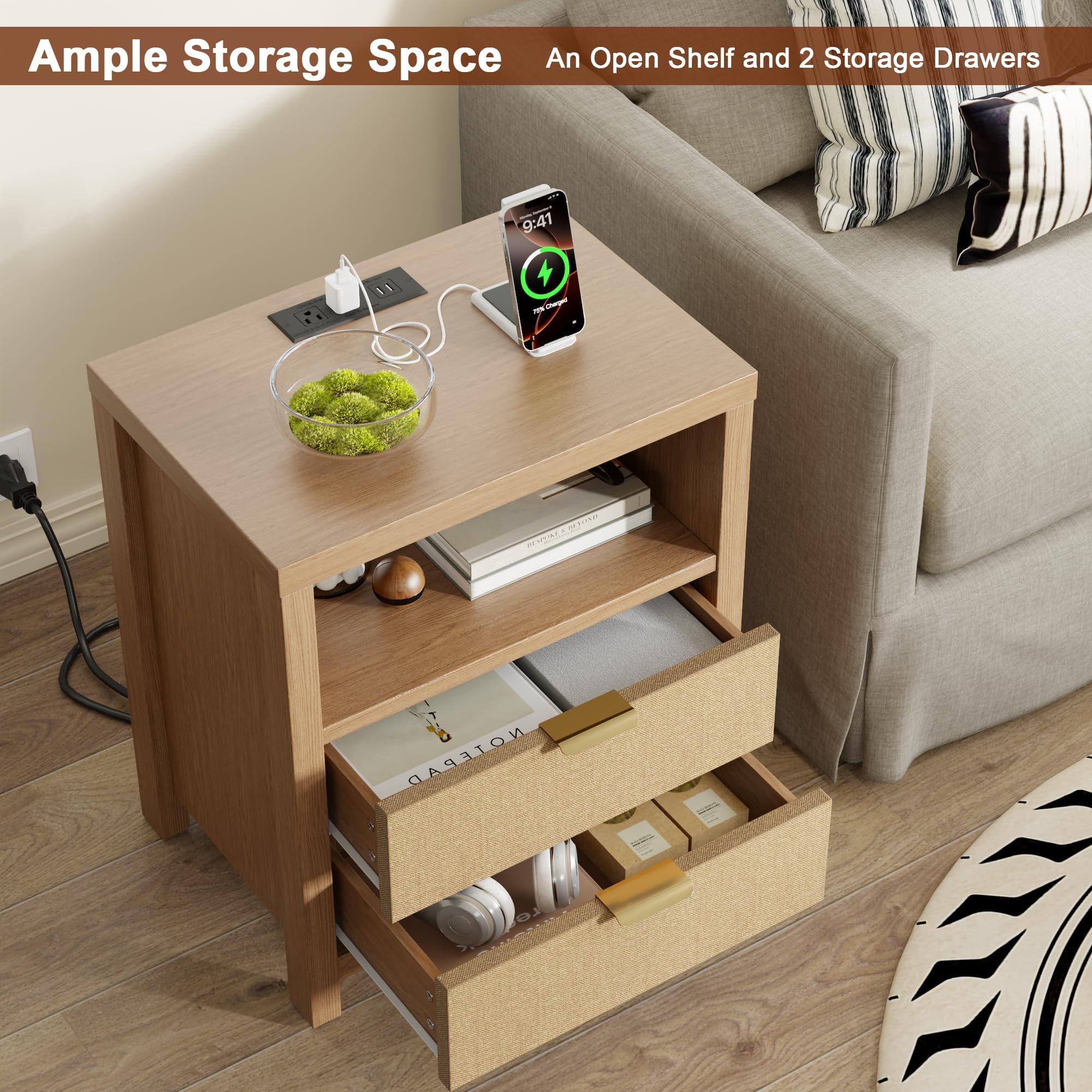 Rattan Nightstand with Charging Station and Storage Drawers
