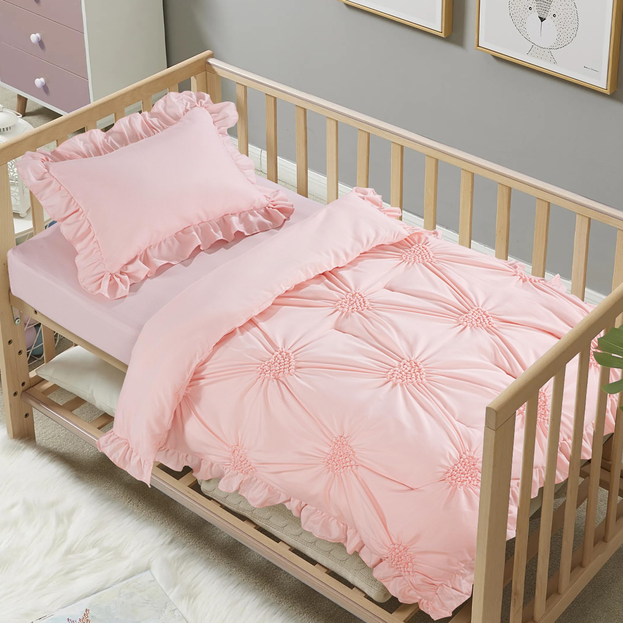 Princess Pink Crib Bedding Set with Pintuck Ruffles