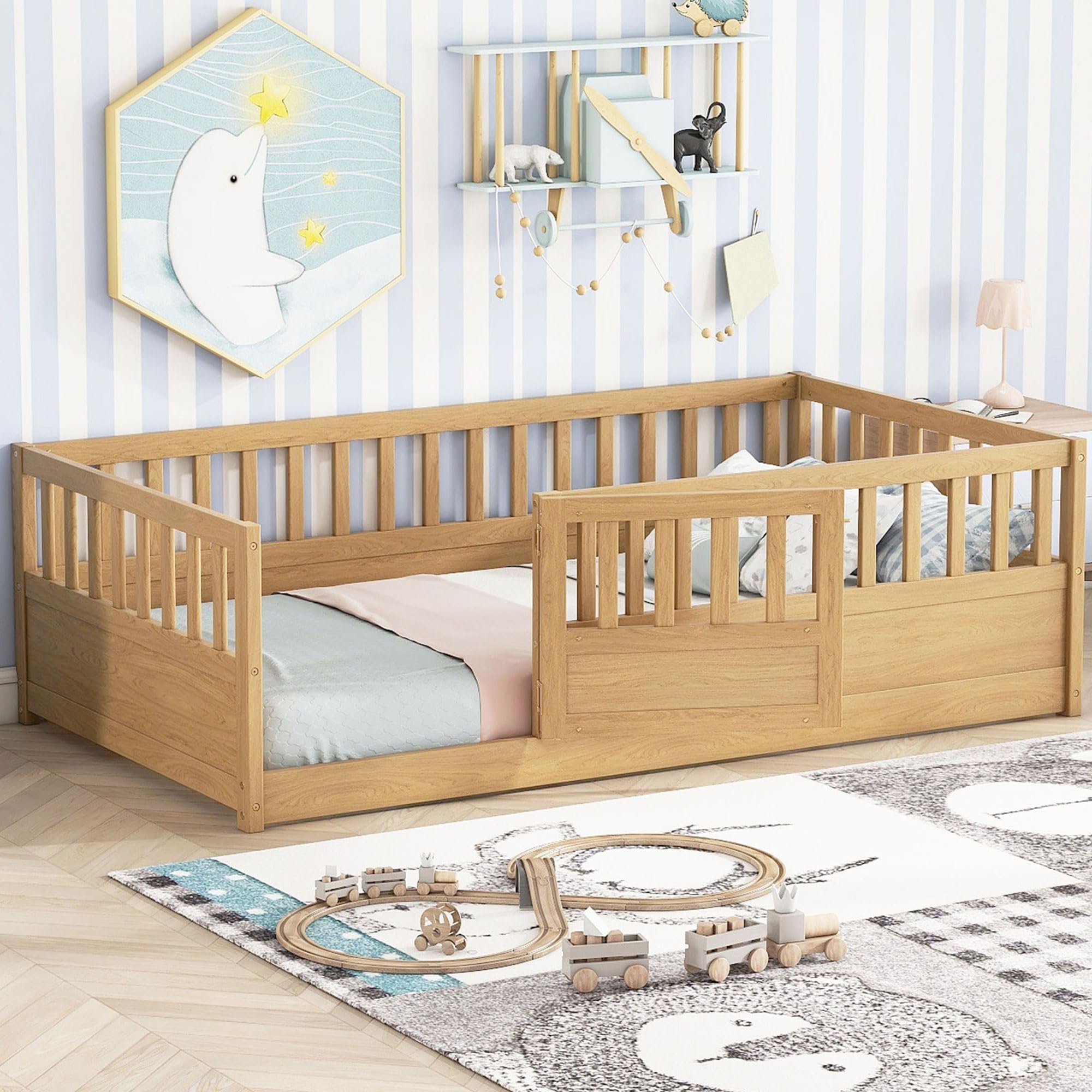 Twin Montessori Floor Bed with High Fence and Door