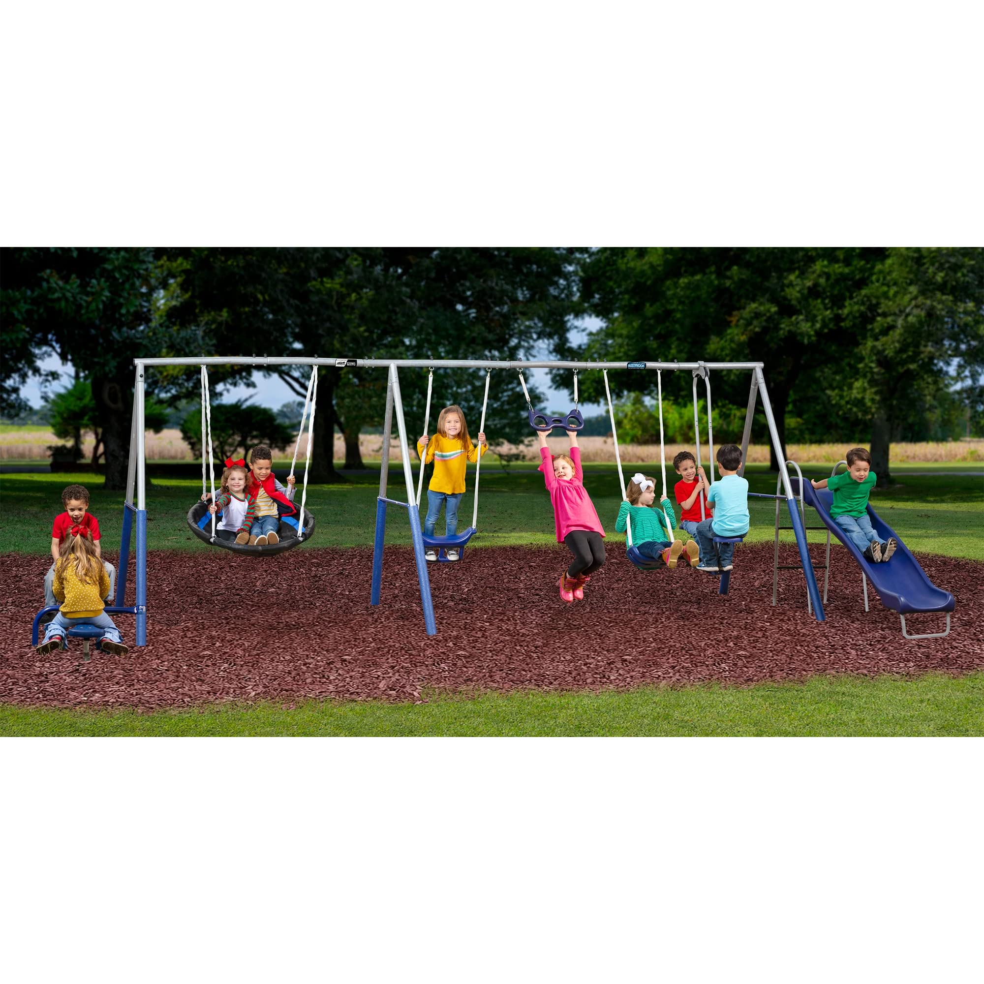 Metal A-Frame Kids Swing Set with Slide and Seesaw