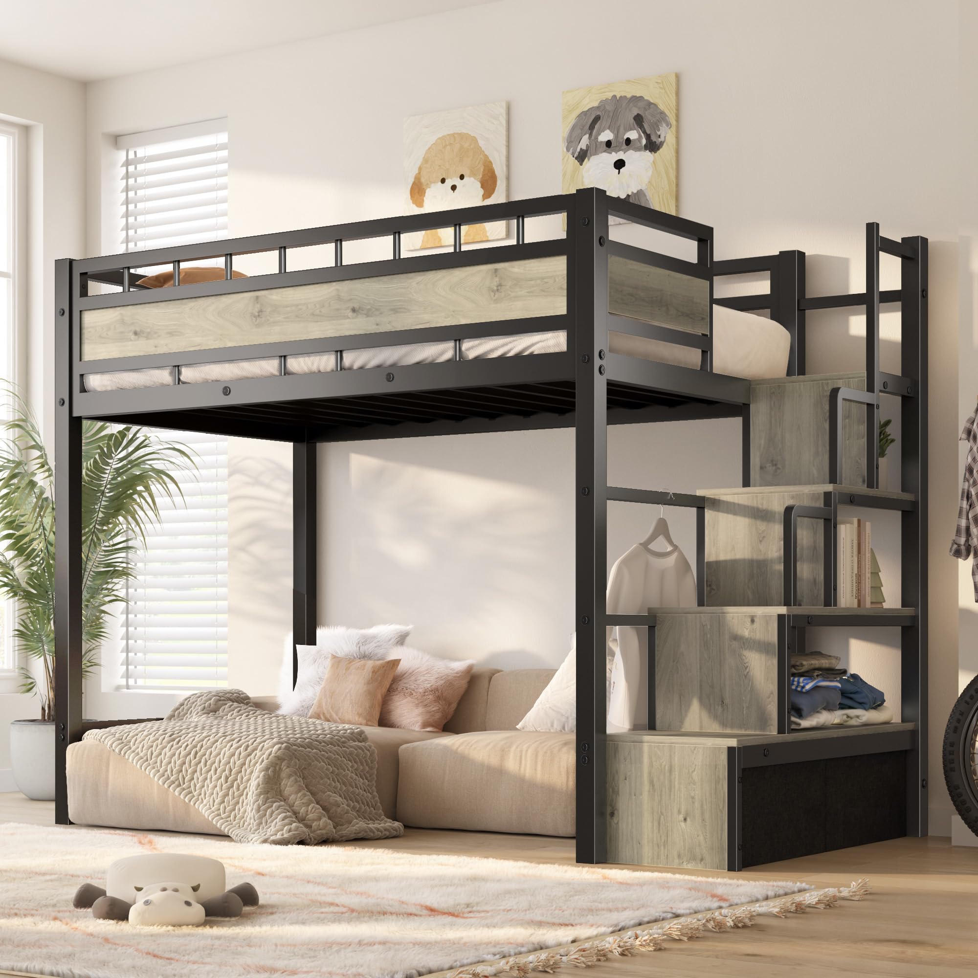 Loft Bed Twin Size with Stairs, Heavy Duty Metal Loft Bed Frame