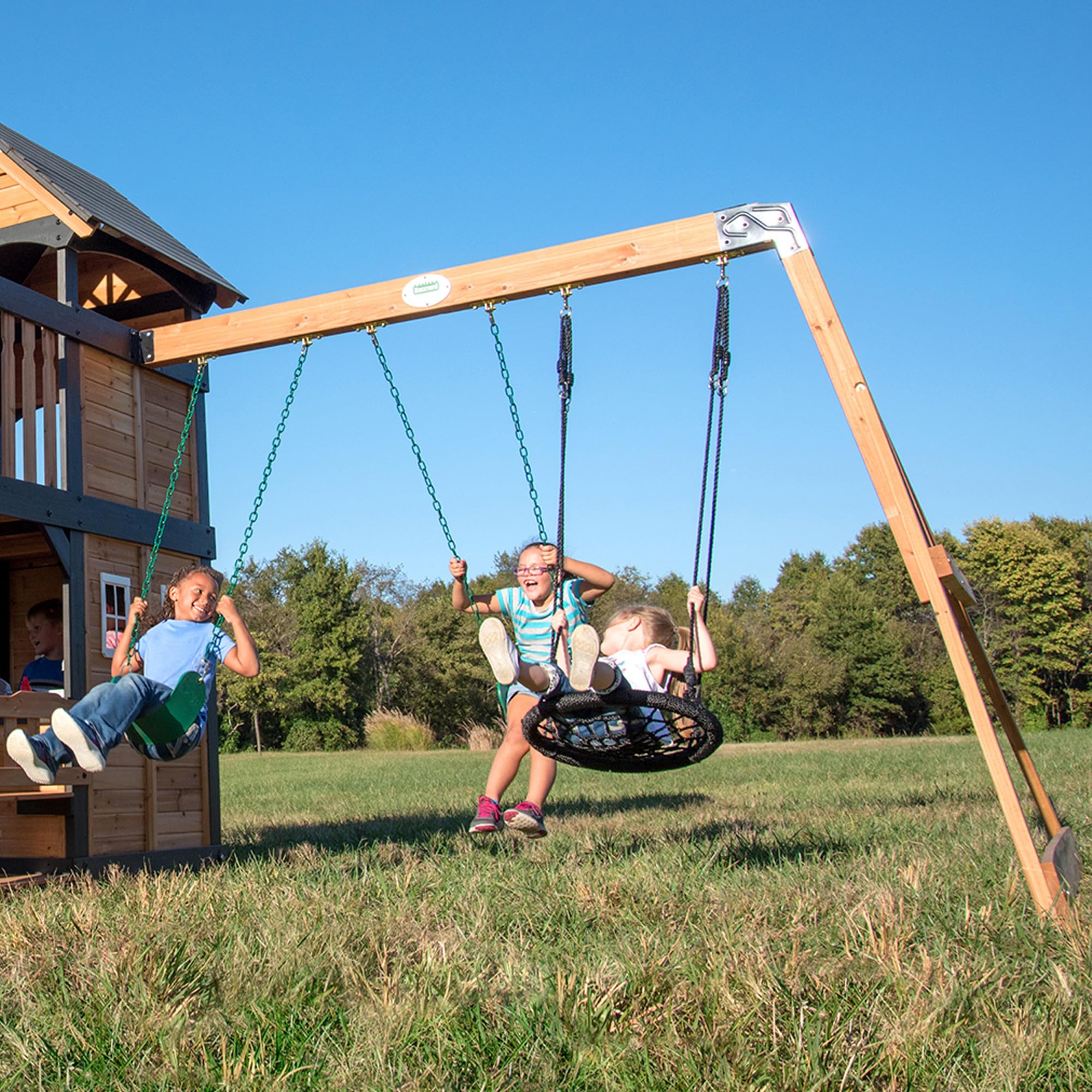 Cedar Wood Swing Set with Wave Slide, Clubhouse, Rock Wall, and Picnic Area for Kids Ages 3-10