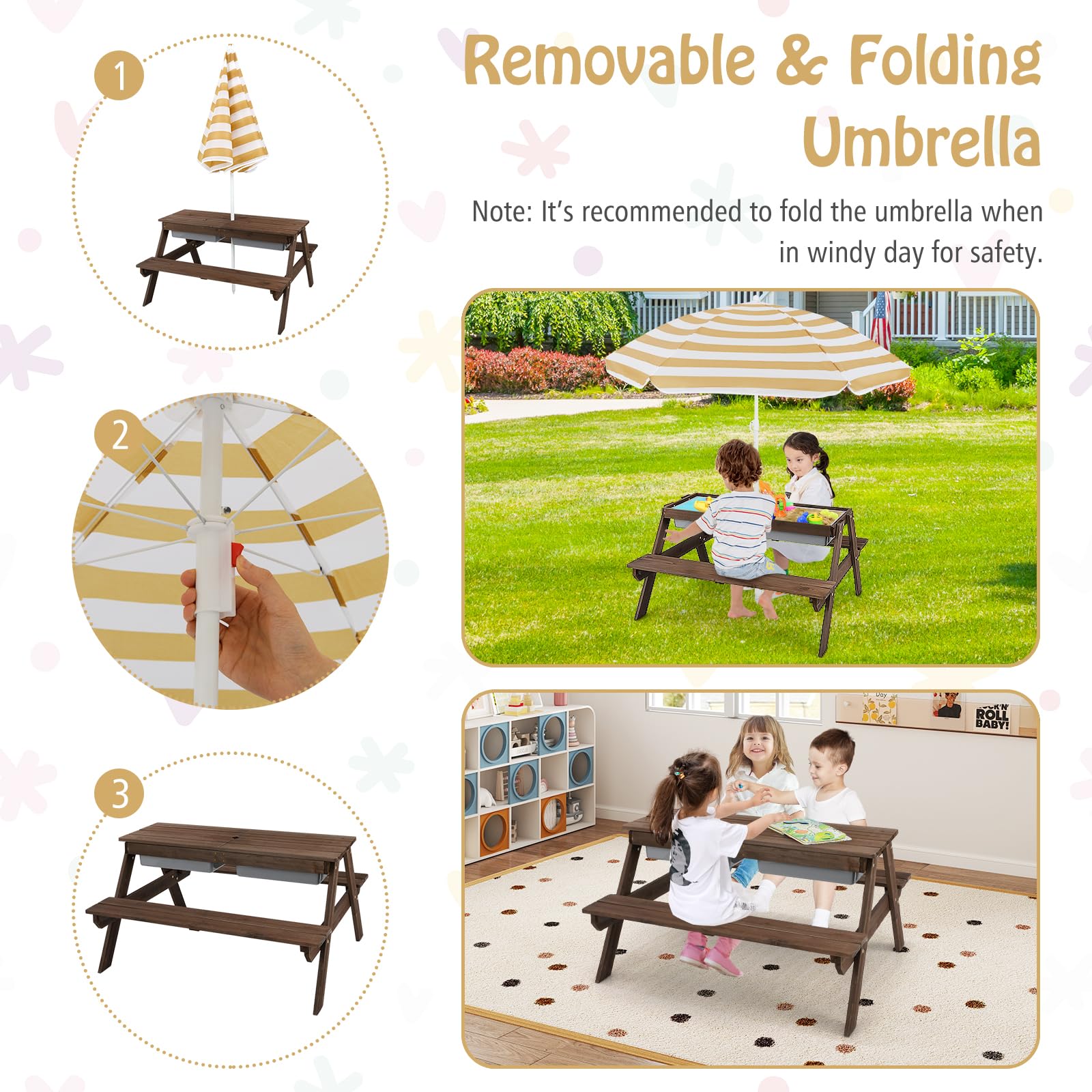 4-in-1 Cedar Kids Picnic Table with Umbrella