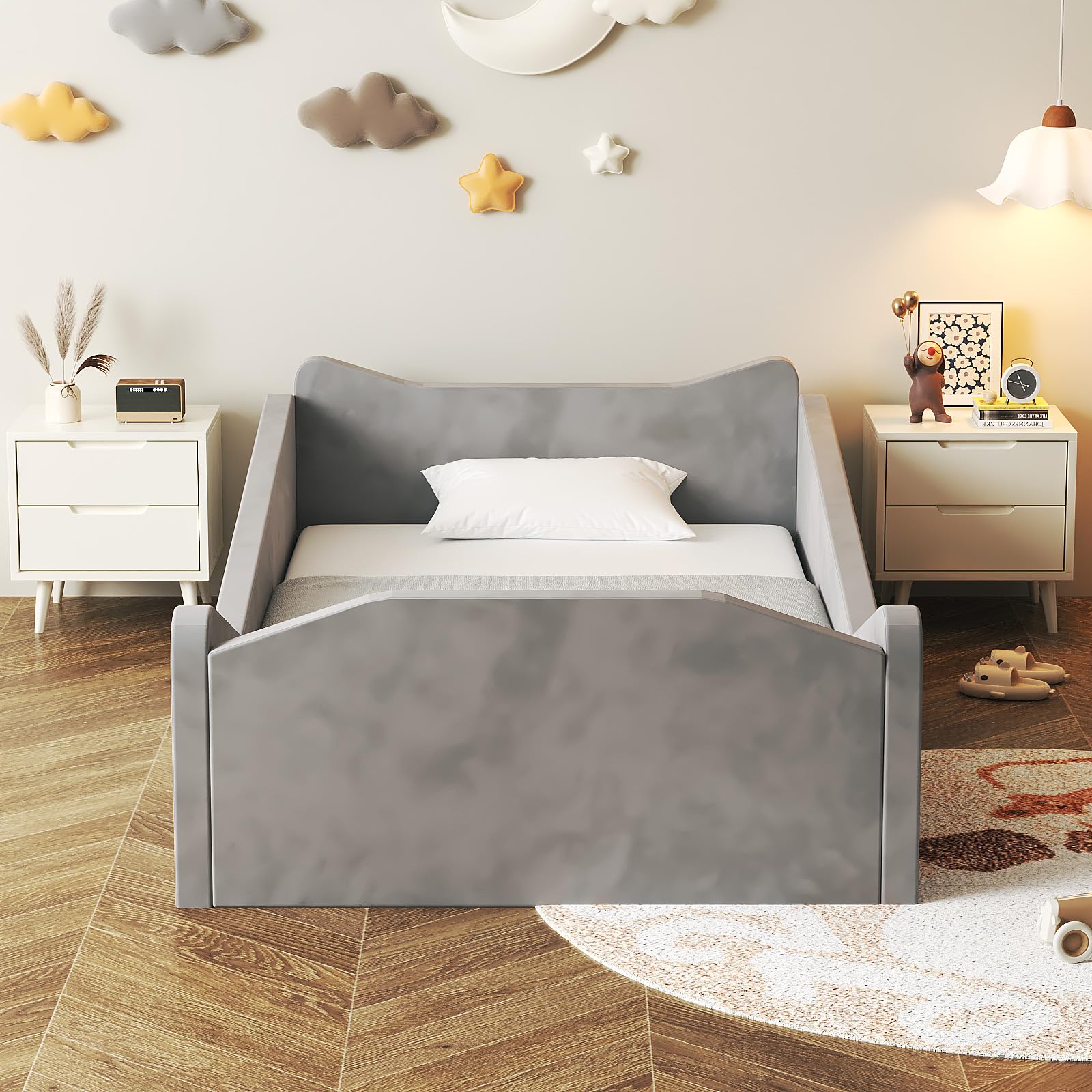 Toddler Floor Bed with Safety Guardrails and Animal Ear Design