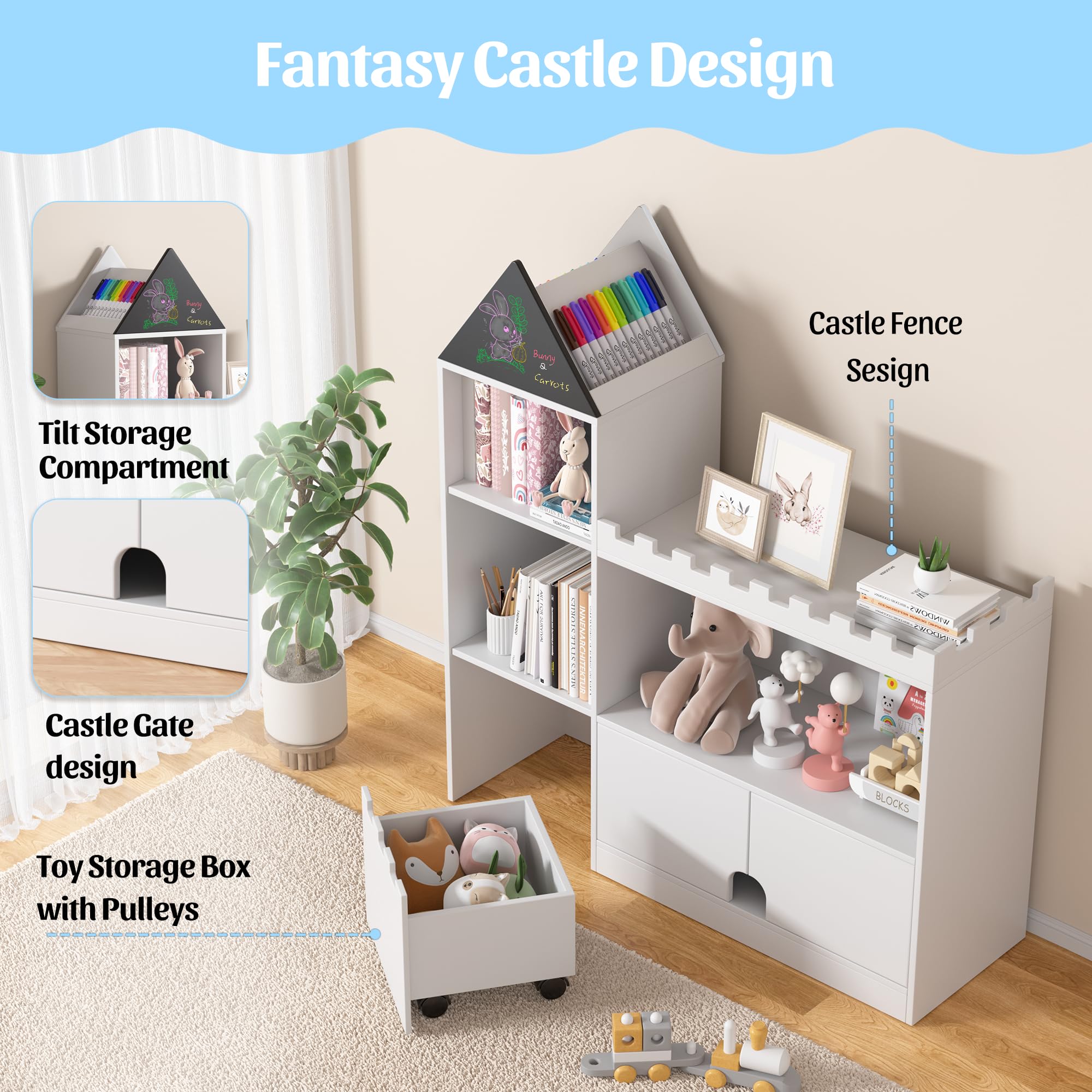 Castle Bookshelf Toy Storage Organizer with 6 Cubbies and Drawers