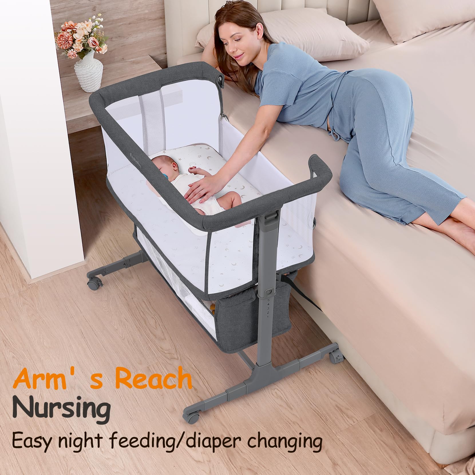 Bedside Bassinet with Adjustable Height and Wheels