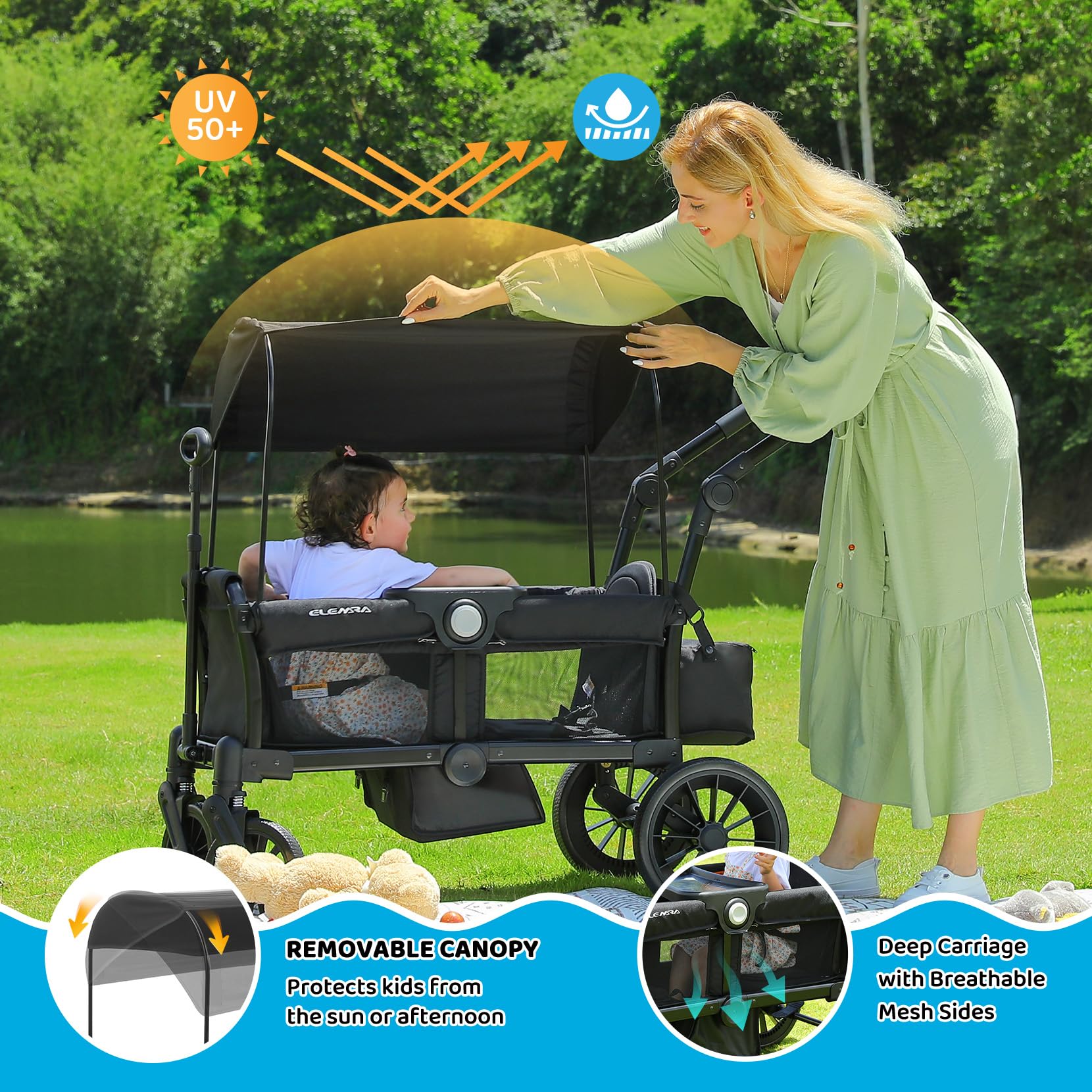 ELEMARA Wagon Stroller for 2 Kids, Premium All-Terrain Stroller with Canopy, Adjustable Push/Pull Handle Bar, Comfortable drop-down footwell and Upholstered Seats, Black