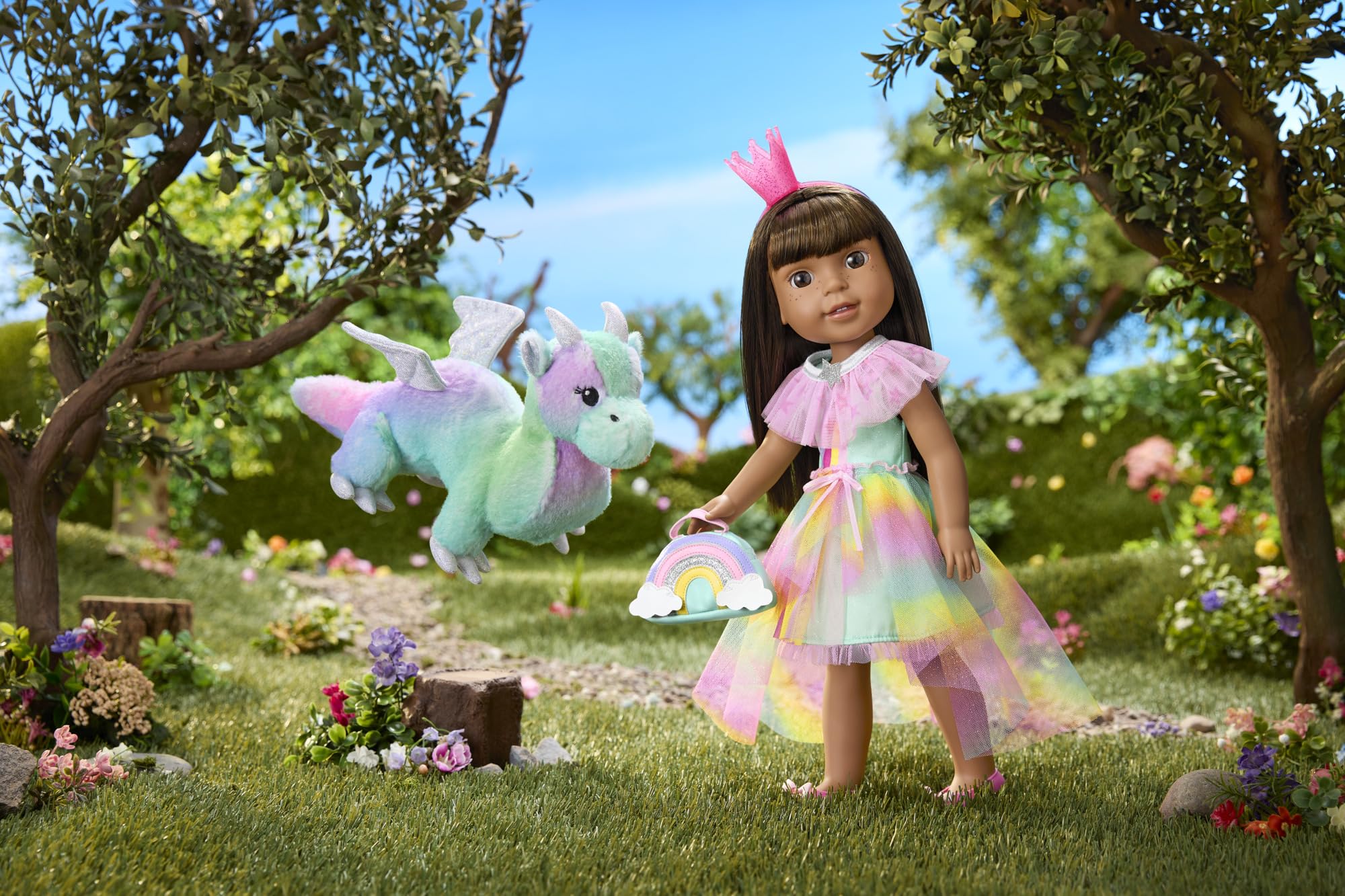 WellieWishers 14.5-inch Ashlyn Doll Playset with Crisella The Dragon, Doll Dress