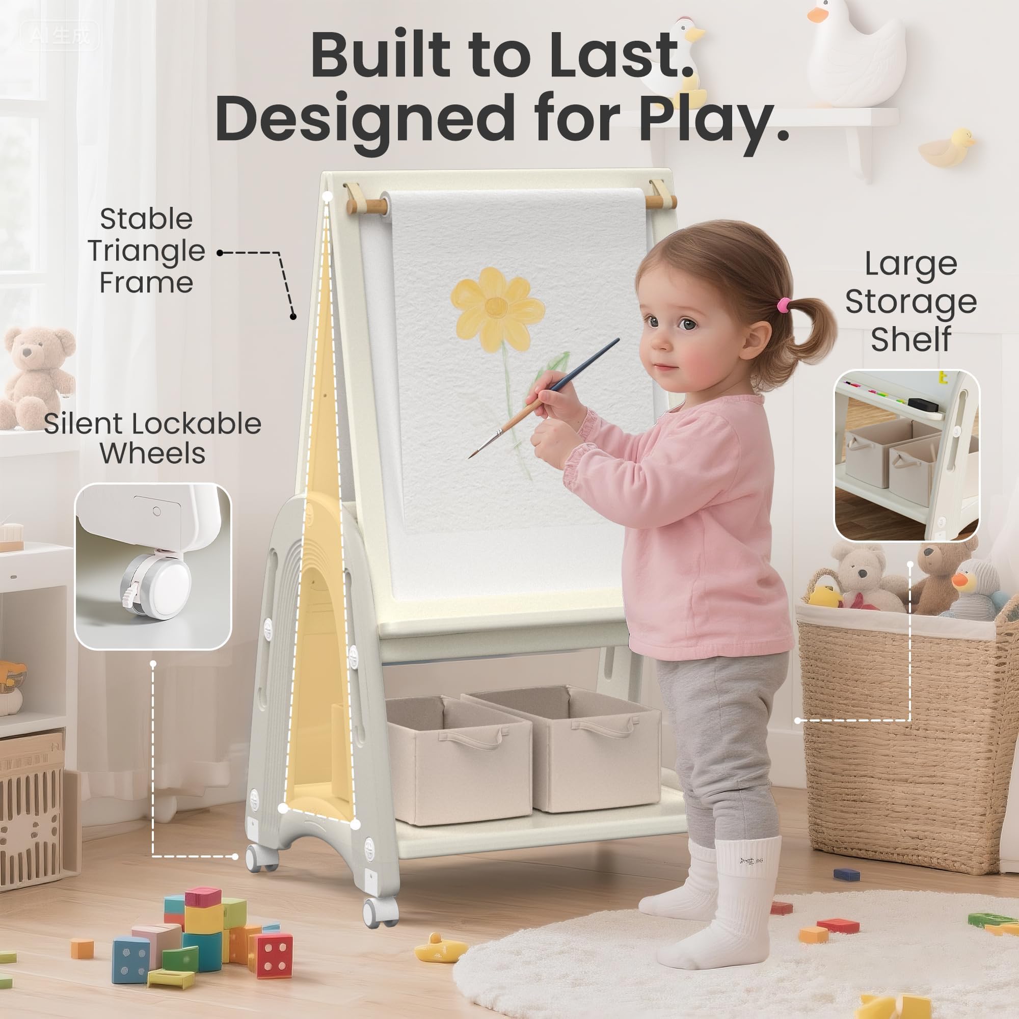 3-in-1 Adjustable Kids Art Easel with Wheels and Storage