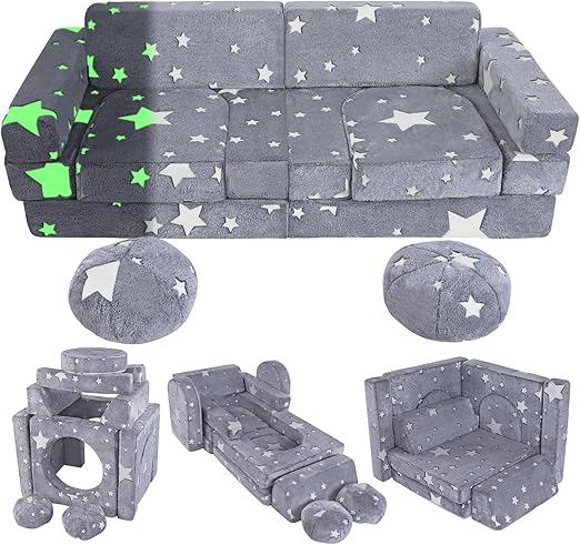 13PCS Kids Play Couch, Foam Modular Kids Sofa, Glowing Toddler Couch Convertible