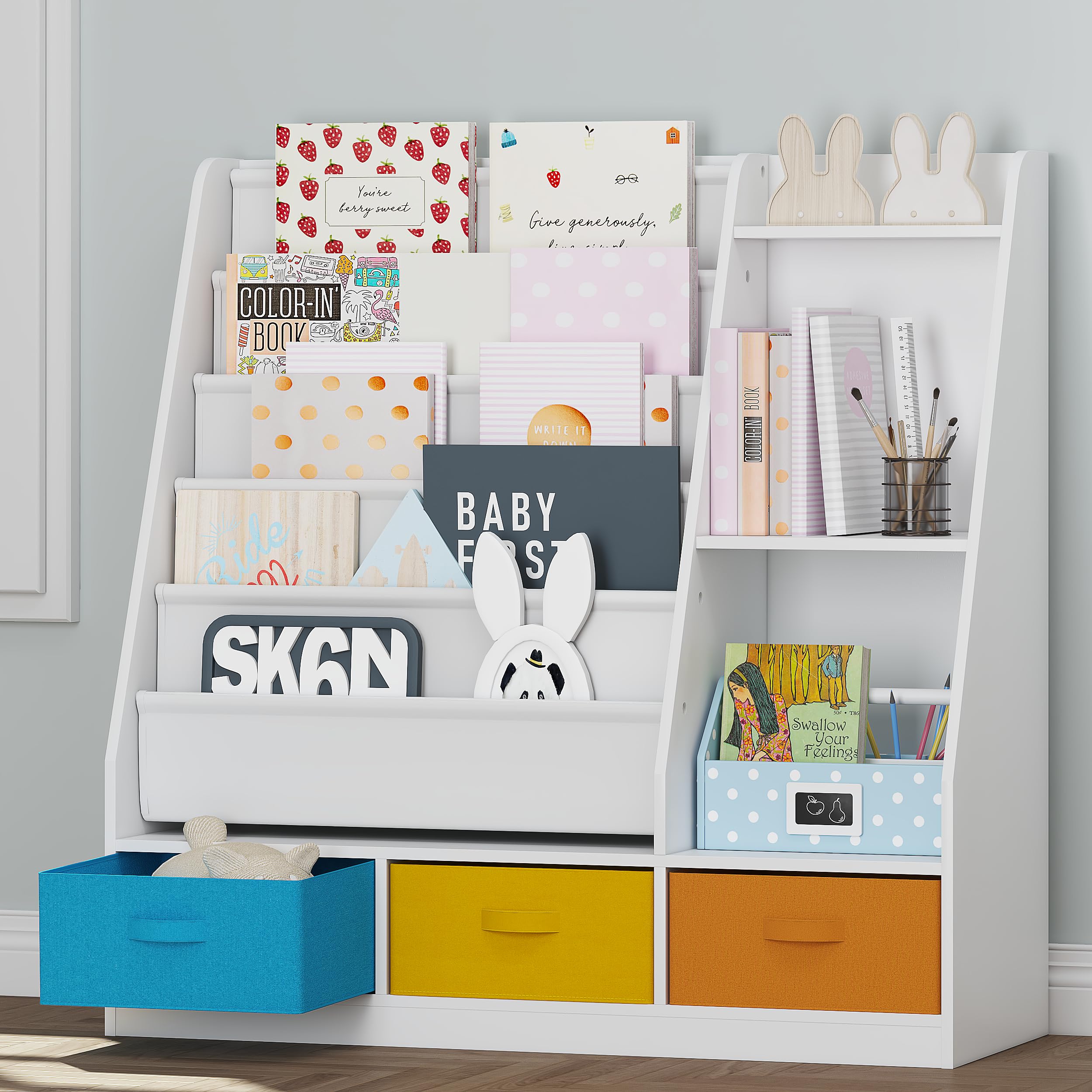 Kids Sling Bookshelf with Storage Bins, Wood Children Bookcase