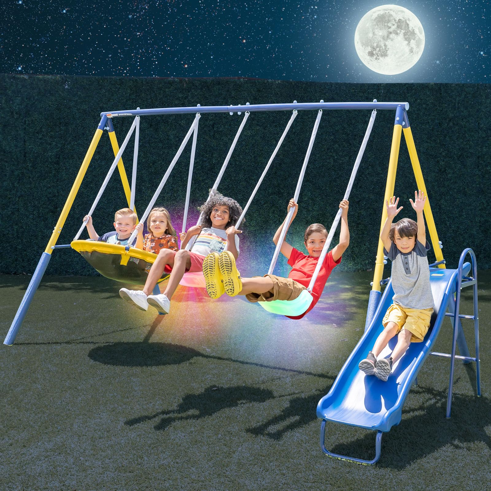 Metal Swing Set with LED Swings, Saucer Swing & 5ft Slide