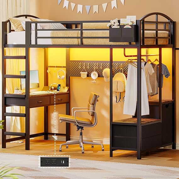 Loft Bed Twin Size with L Shape Desk,4 Drawers,3-Tier Storage Shelves Metal