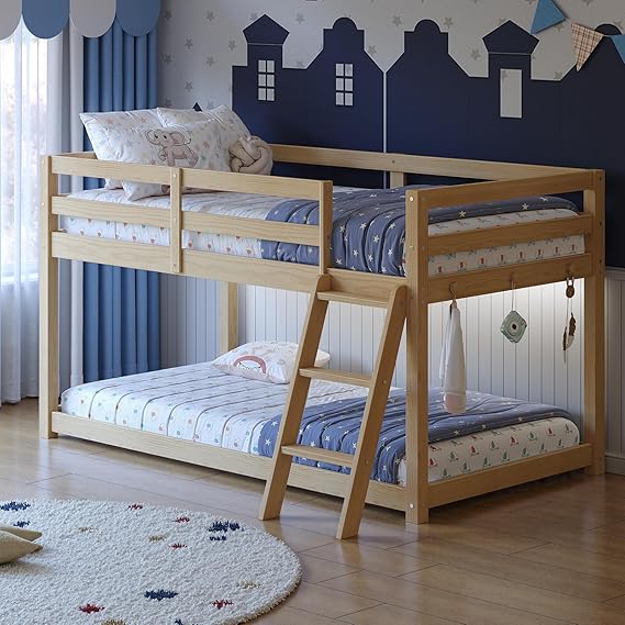 Low Bunk Bed with Guardrail and LED Light, Floor Toddler Bunk Bed Twin Over Twin