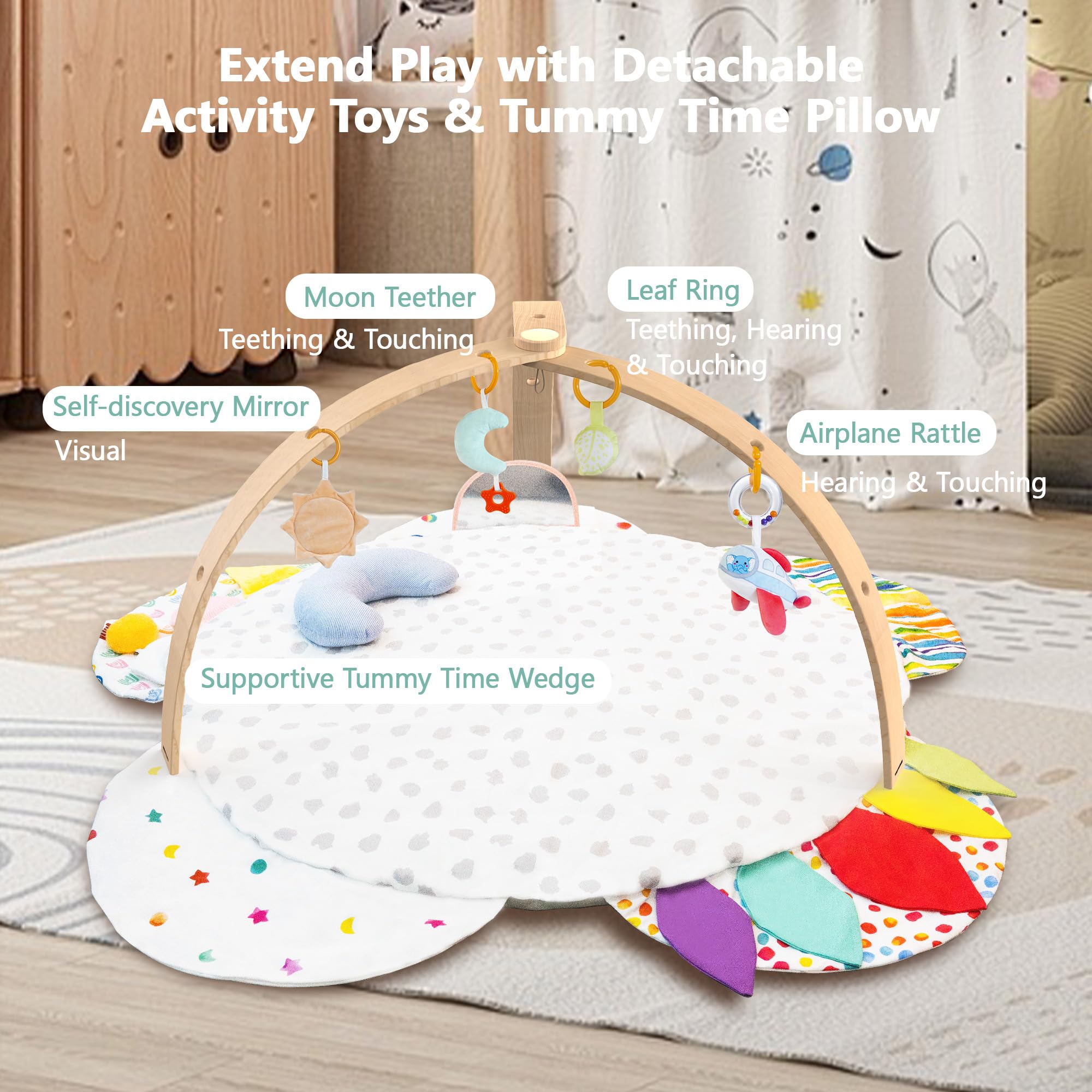 Wooden Baby Play Gym Activity Mat with Sensory Toys