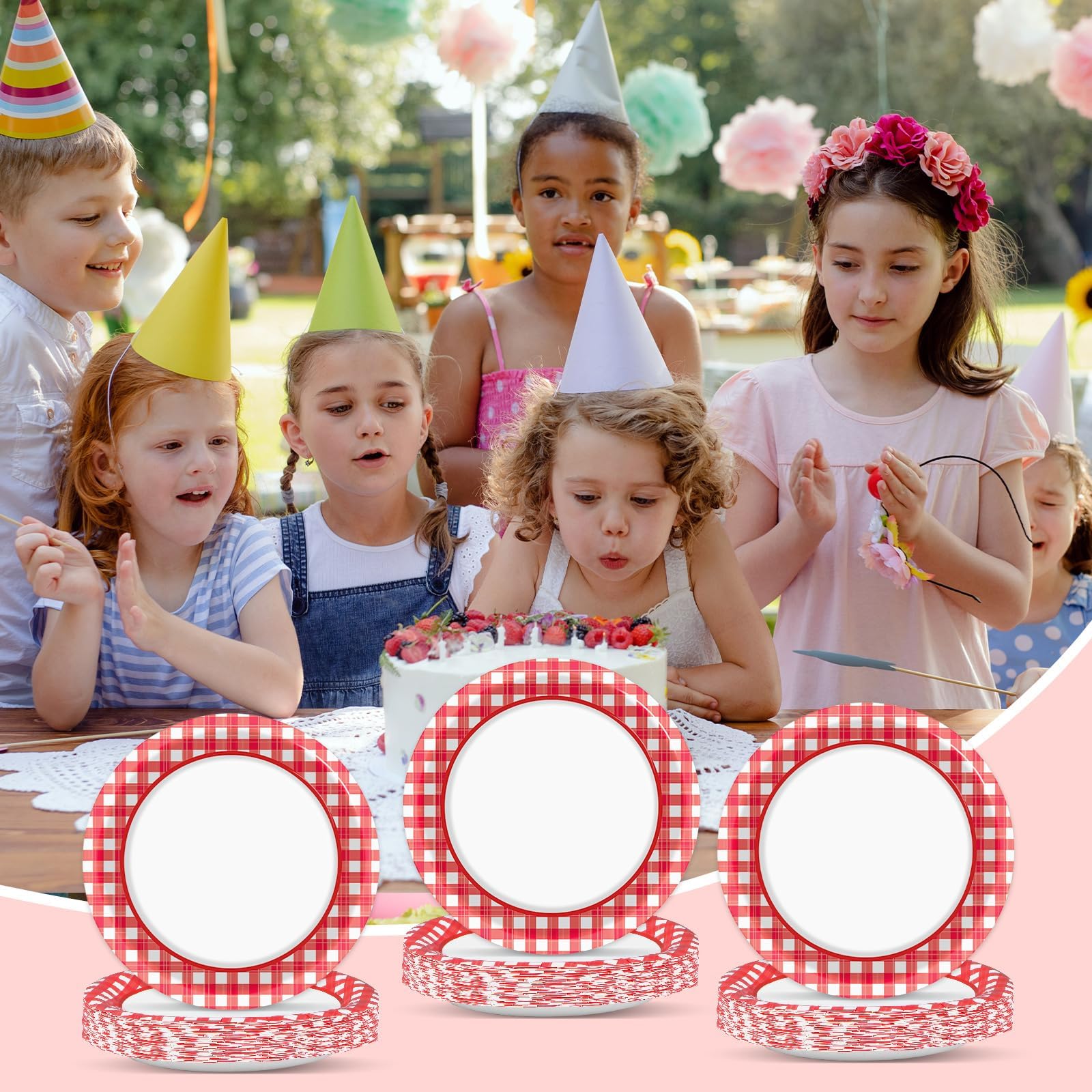 100pcs 7inch Red and White Plates Gingham Checkered Plaid Tableware Baby Shower