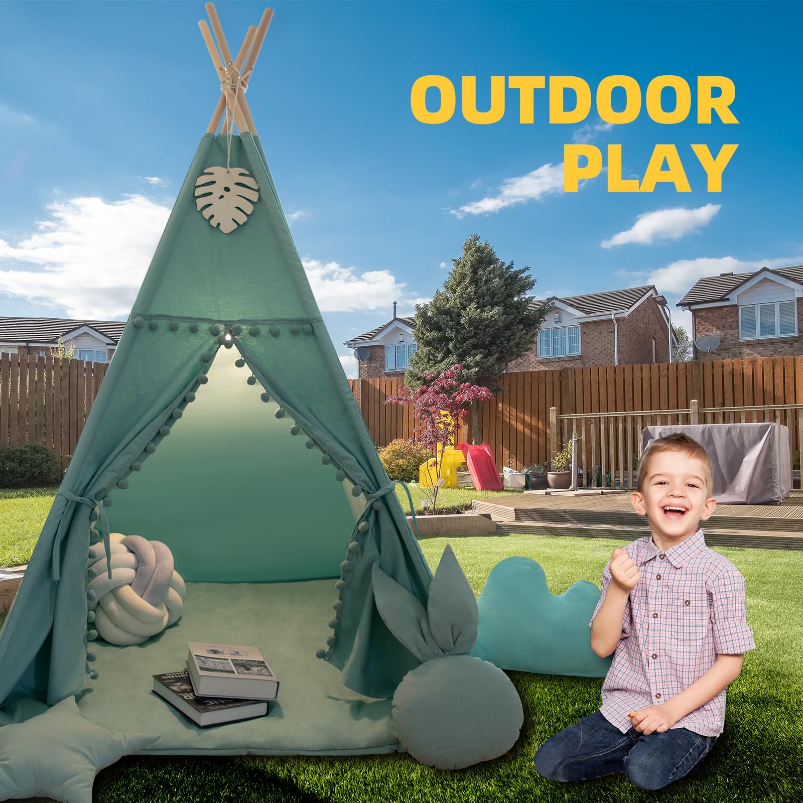 Kids Cotton Canvas Teepee Tent with Mat and Star Lights