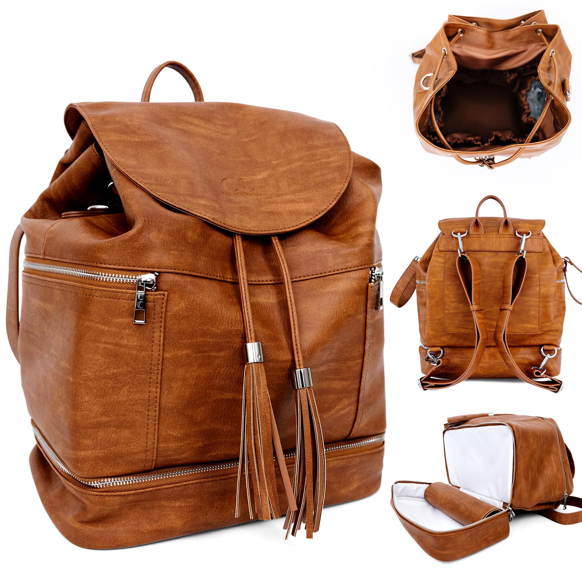 Journey Vintage Tan Vegan Leather Diaper Bag Backpack | Elegant
