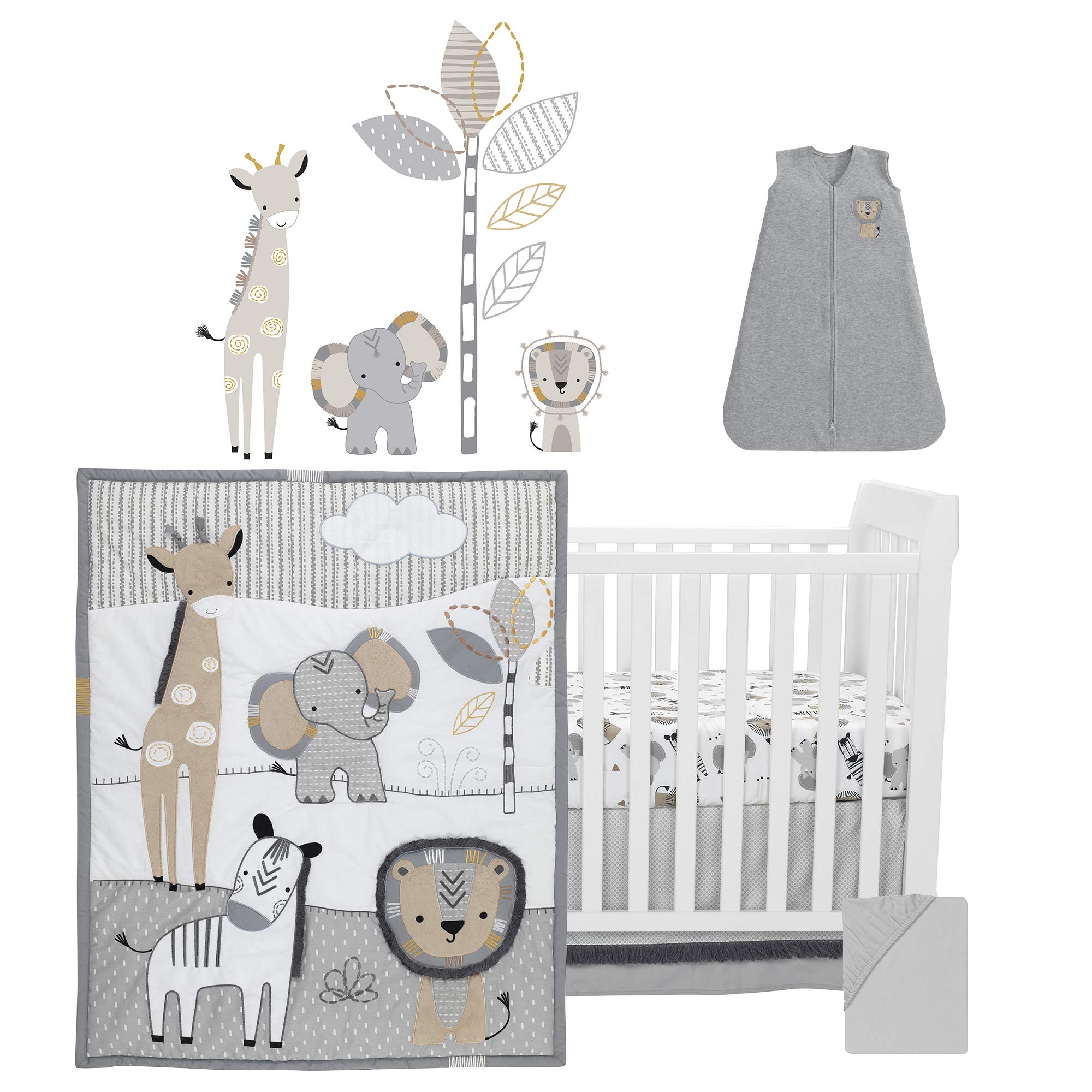 Safari Gray/Tan/White Nursery 6-Piece Baby Crib Bedding Set