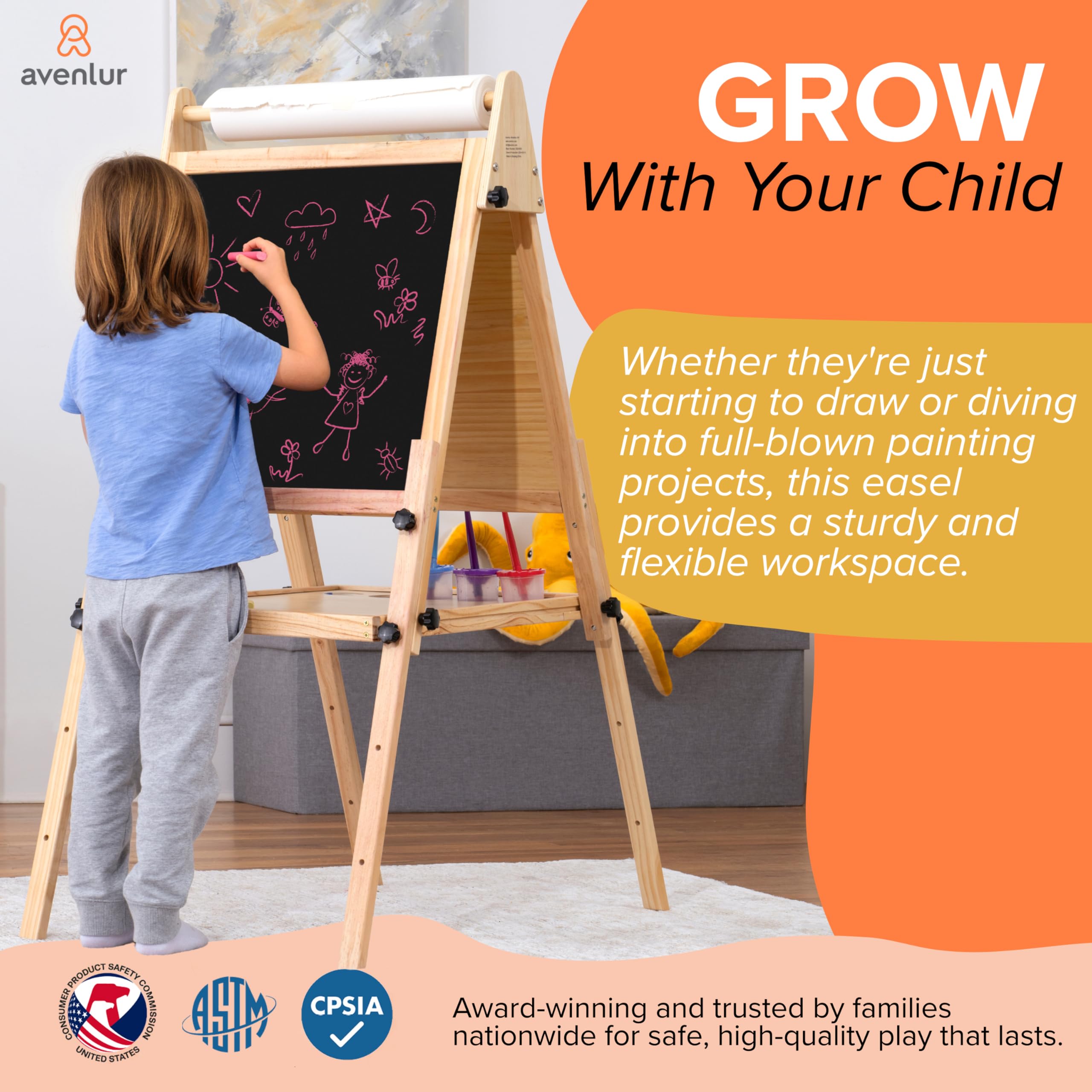 Avenlur Adjustable Height Easel for Kids and Adults - Multifunctional Art Station with Chalkboard, Ideal for Painting, Drawing, and Display - Foldable Wooden Stand with Storage Tray