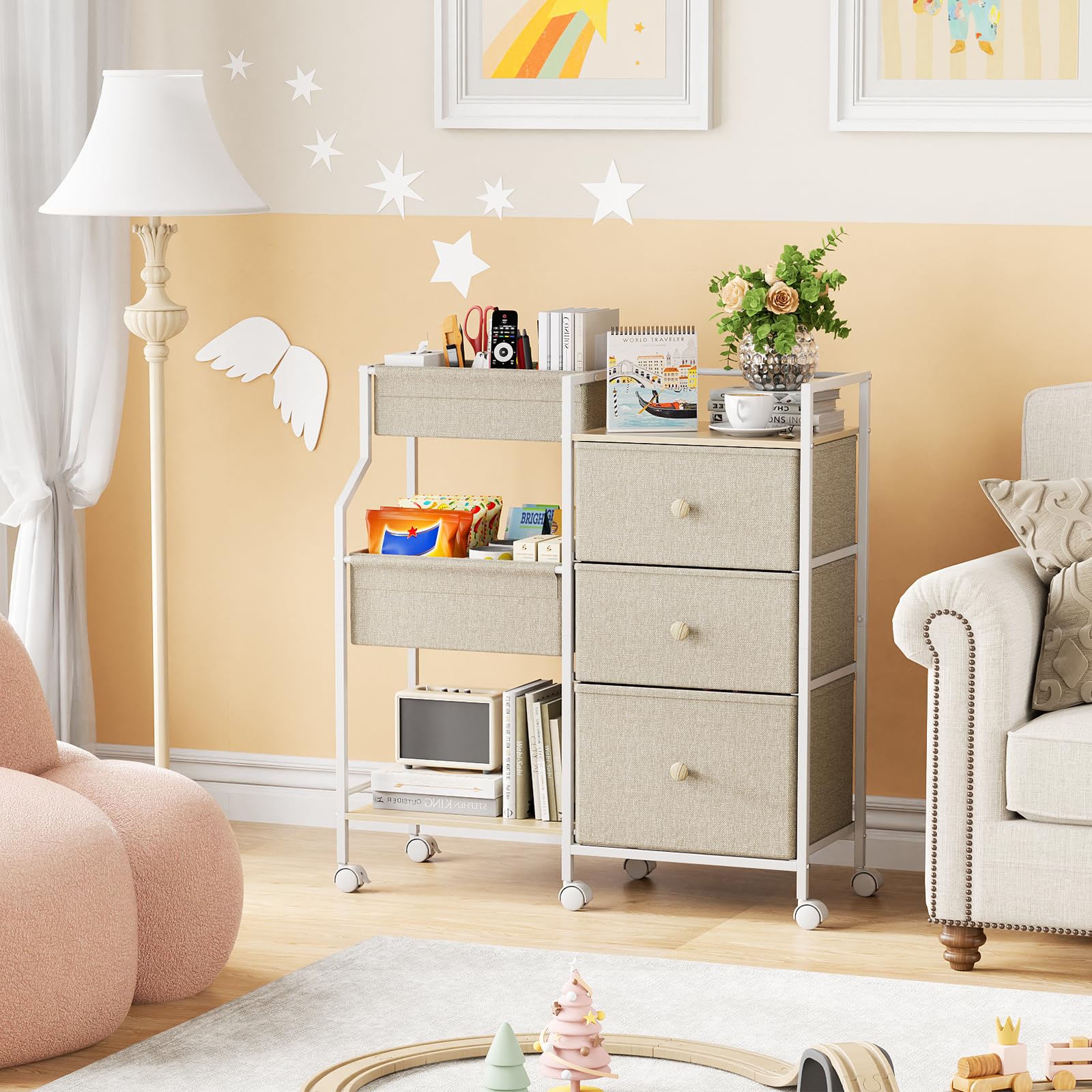 3-Tier Rolling Baby Storage Cart with Drawers and Dividers