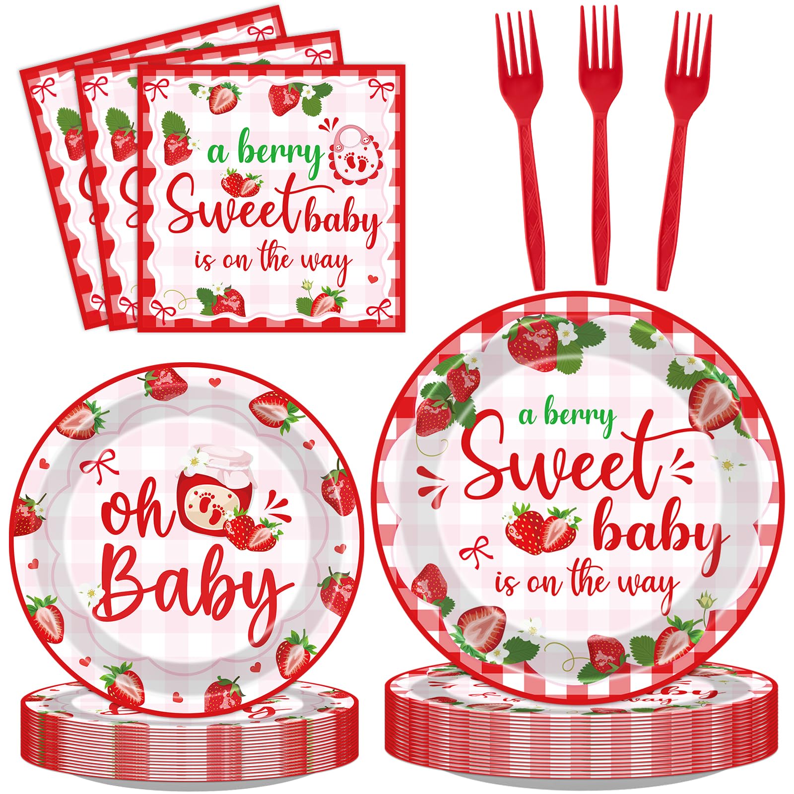 VorkiVecKi Strawberry Baby Shower Decorations - 96 Pcs Pink A Berry Sweet Baby Is on The Way Plates Napkins Supplies for Girls Gender Reveal Party Disposable Shortcake Tableware Sets Serves 24 Guests
