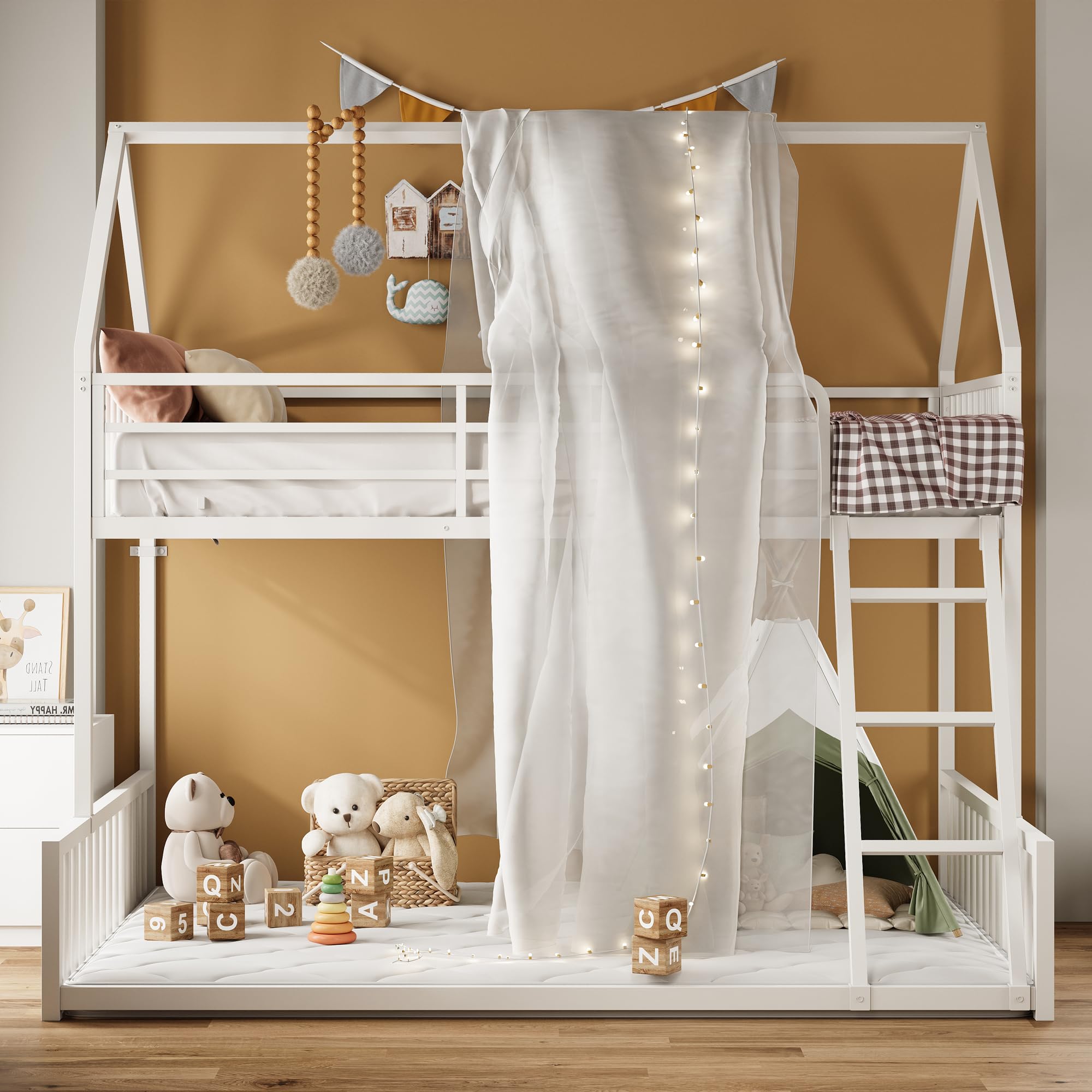 Twin Over Full House Bunk Bed with Ladder and Guardrail