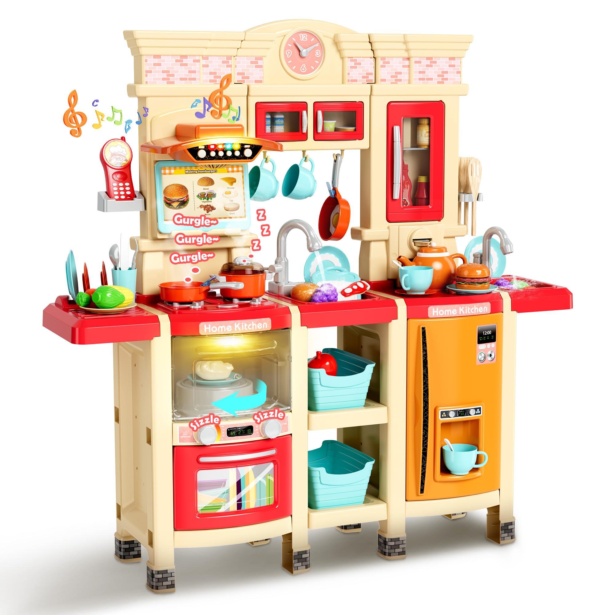 Play Kitchen for Toddlers, 87-Piece Interactive Kids Kitchen Playset