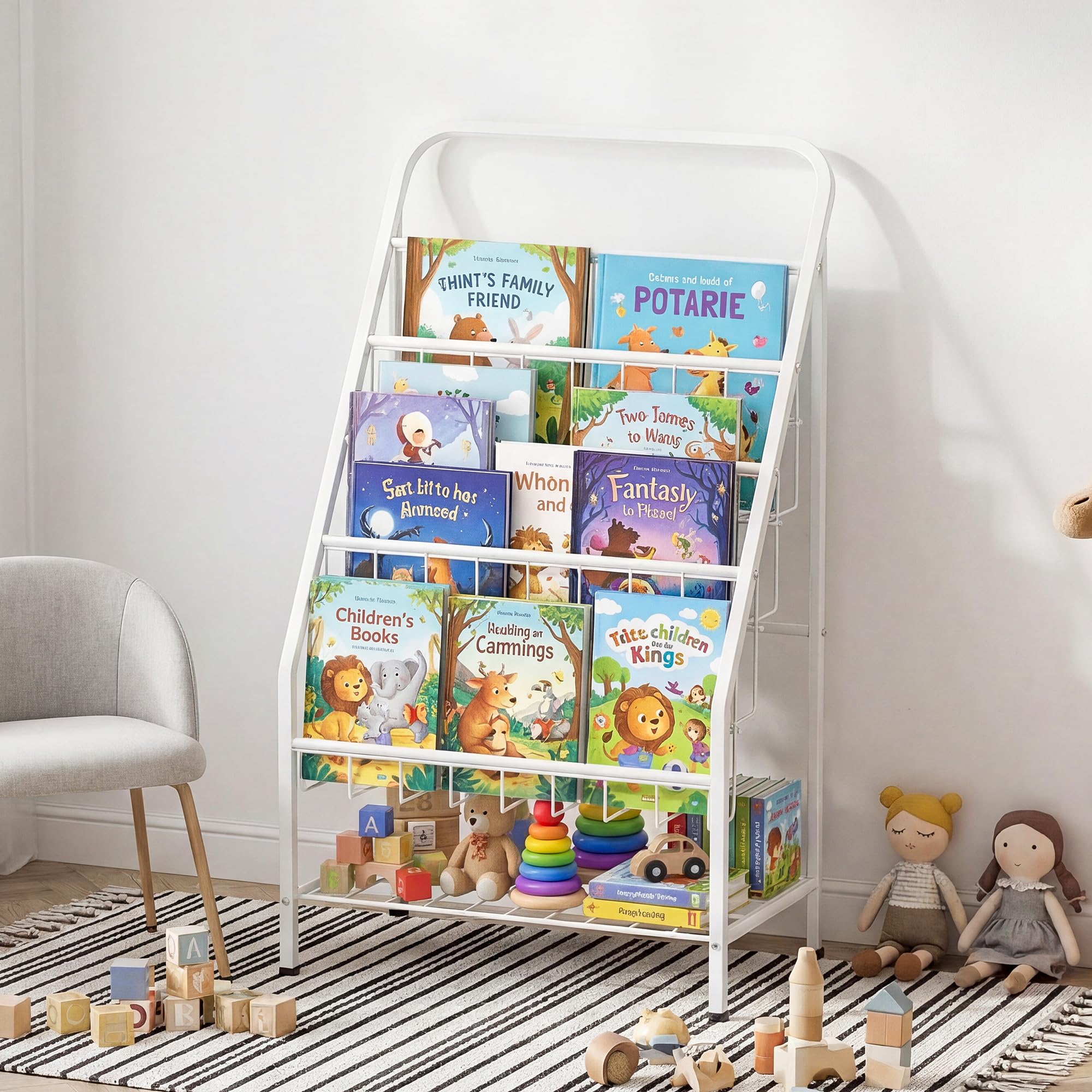 4-Tier Metal Kids Bookshelf with Toy Storage Organizer