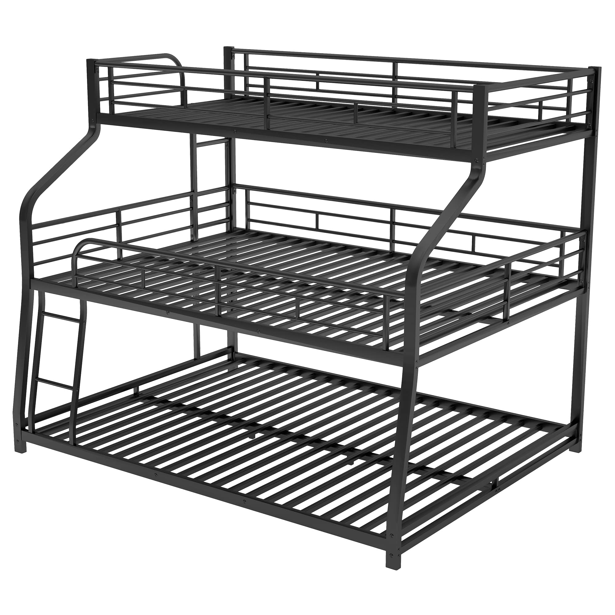 Metal Triple Bunk Bed with Guardrails and Ladder Black