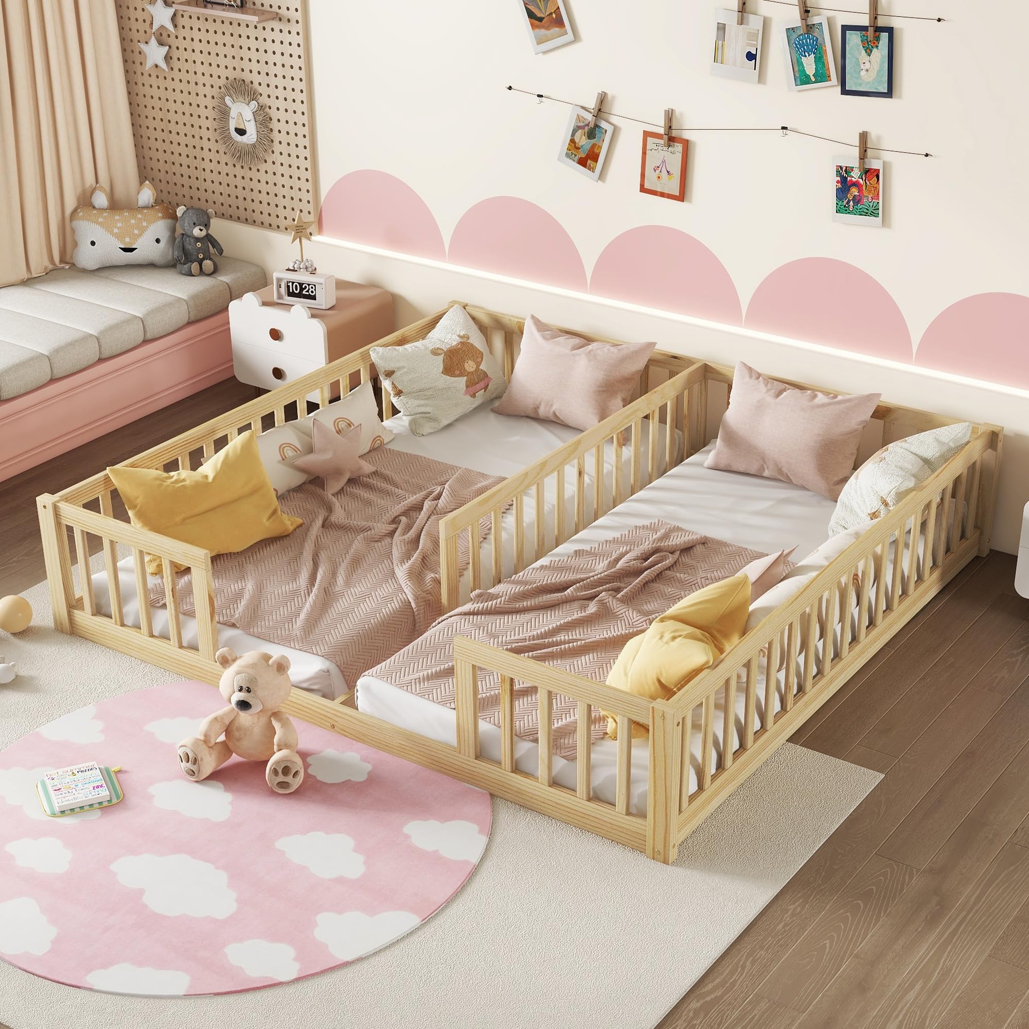 Floor Bed for 2 Kids, Montessori Bed Frame with Fence Railings