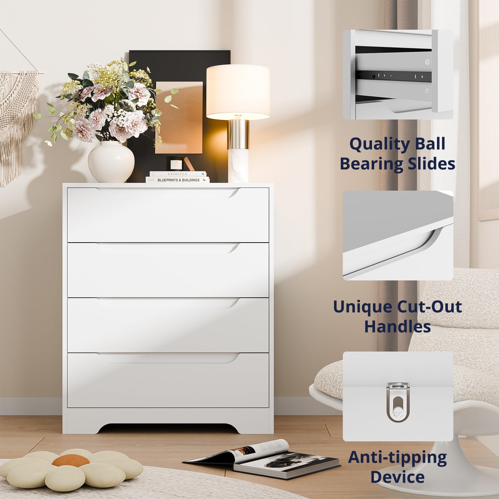 4-Drawer Modern Dresser Storage Organizer with Metal Rails
